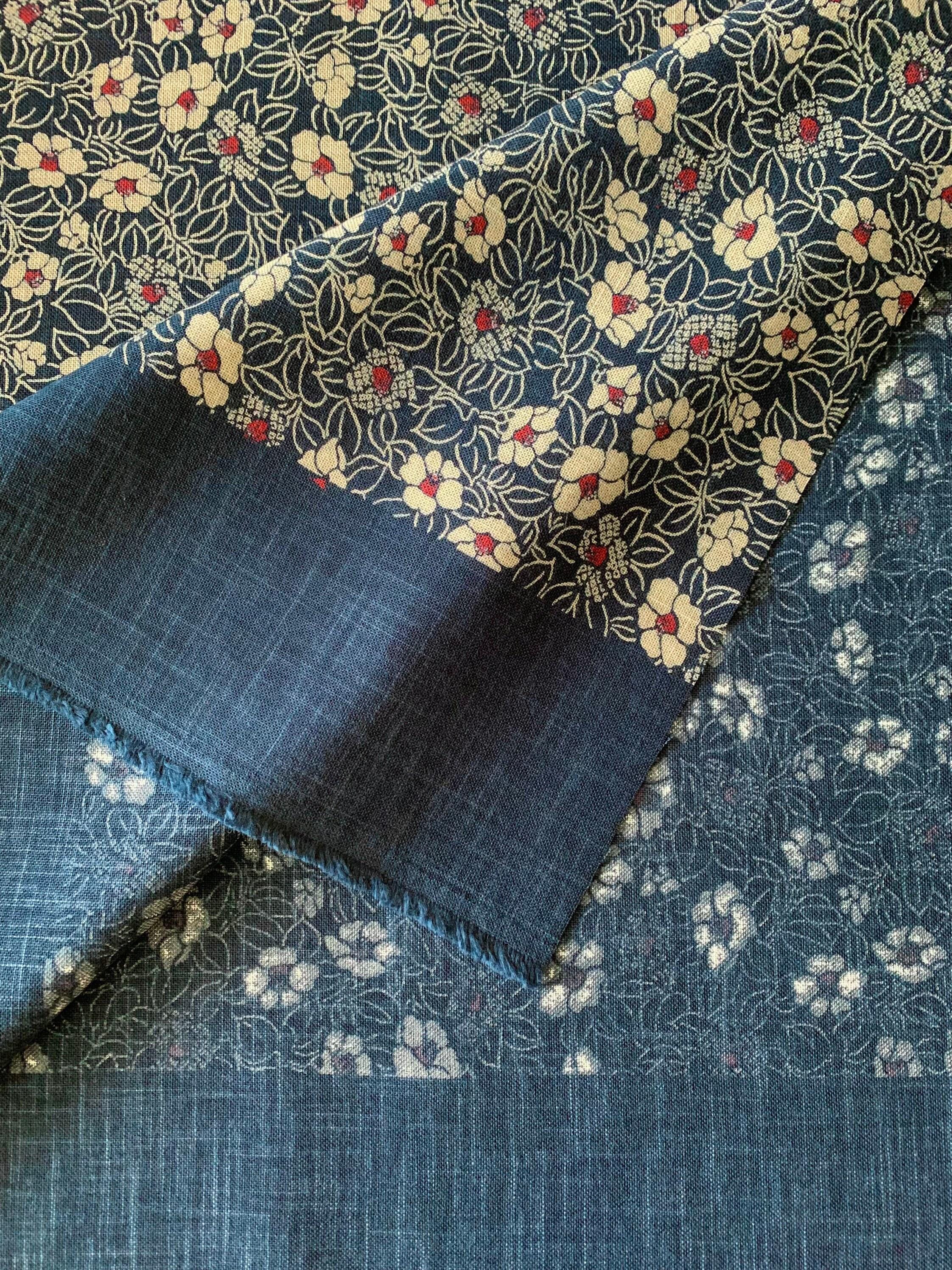 Kurenai - Camellias Hand Stenciled Cotton - Navy Blue Beige Red