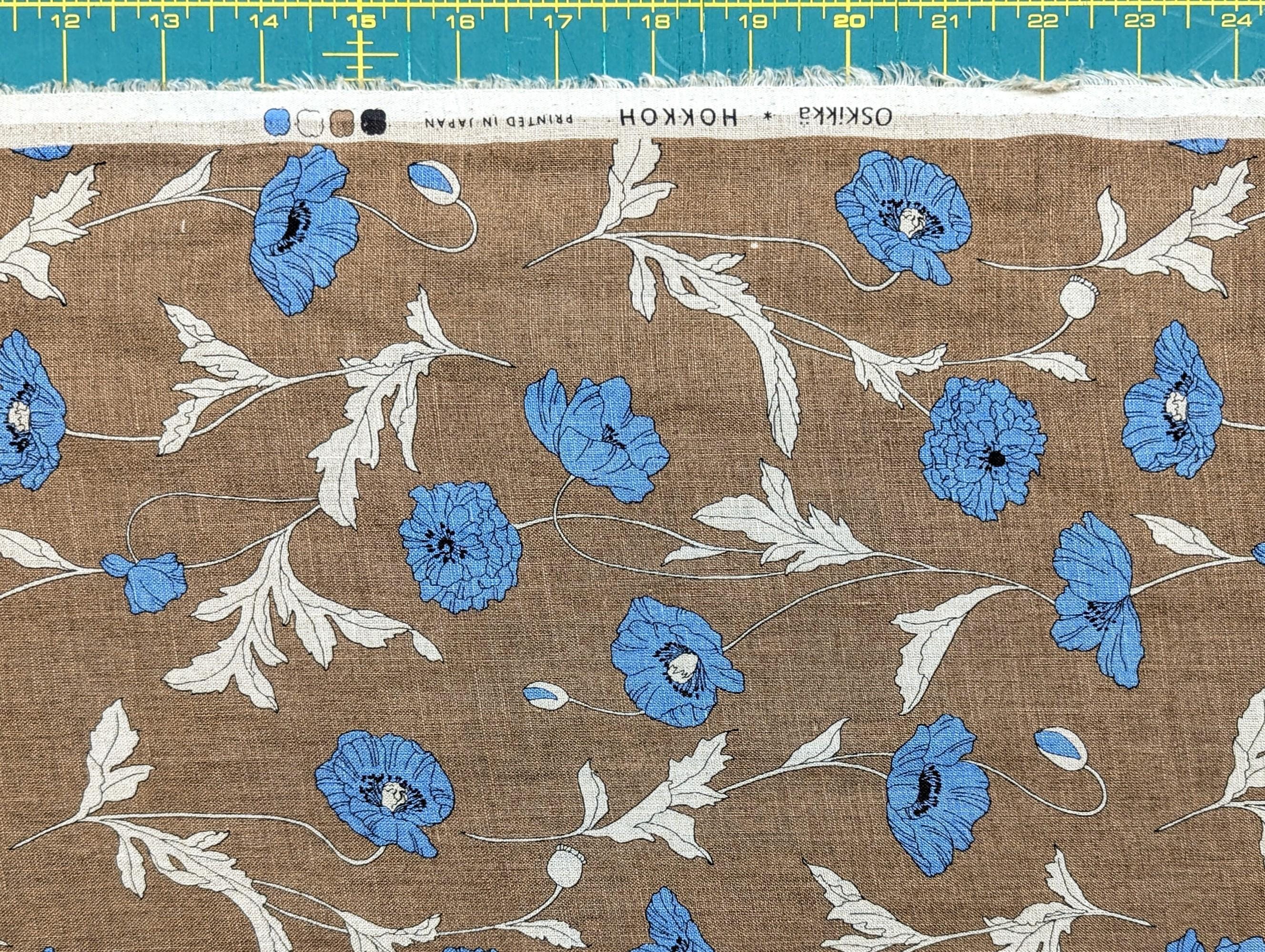 Hokkoh - Summer Poppies Linen Fabric - Brown and Blue