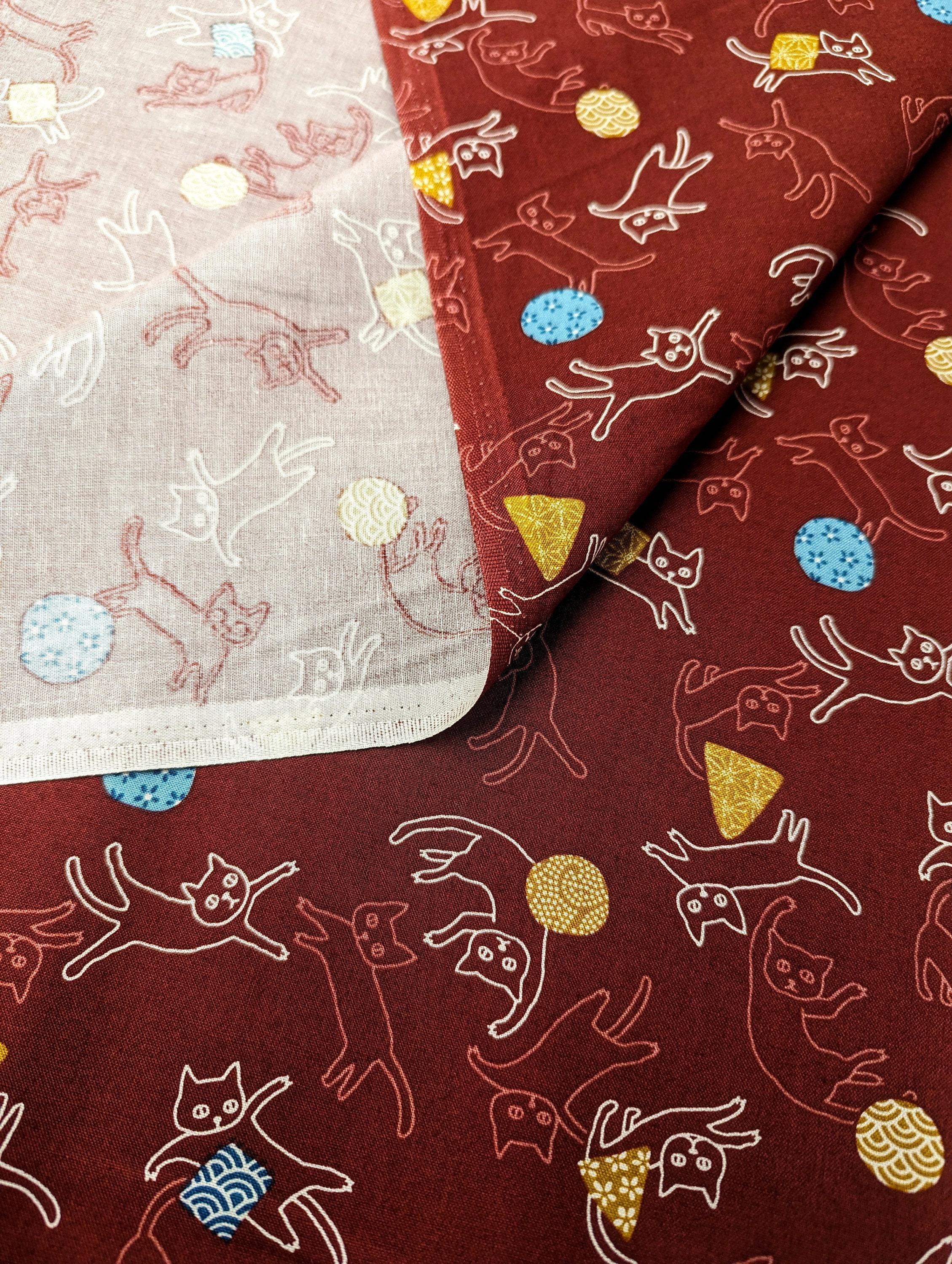 Kurenai - Dancing Cats Cotton Fabric - Red