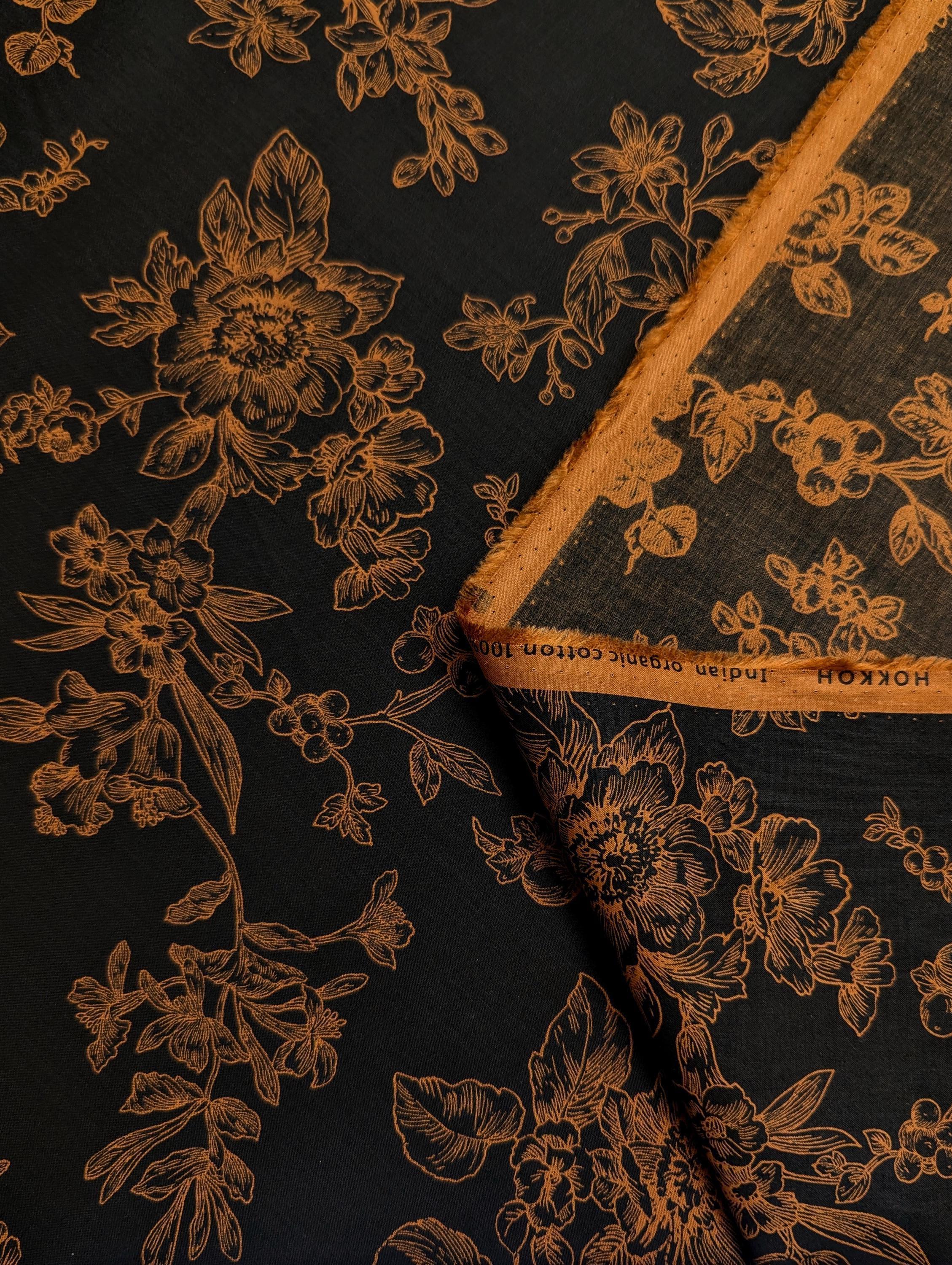 Hokkoh - Botanical Sketch Organic Cotton Lawn - Black and Brown