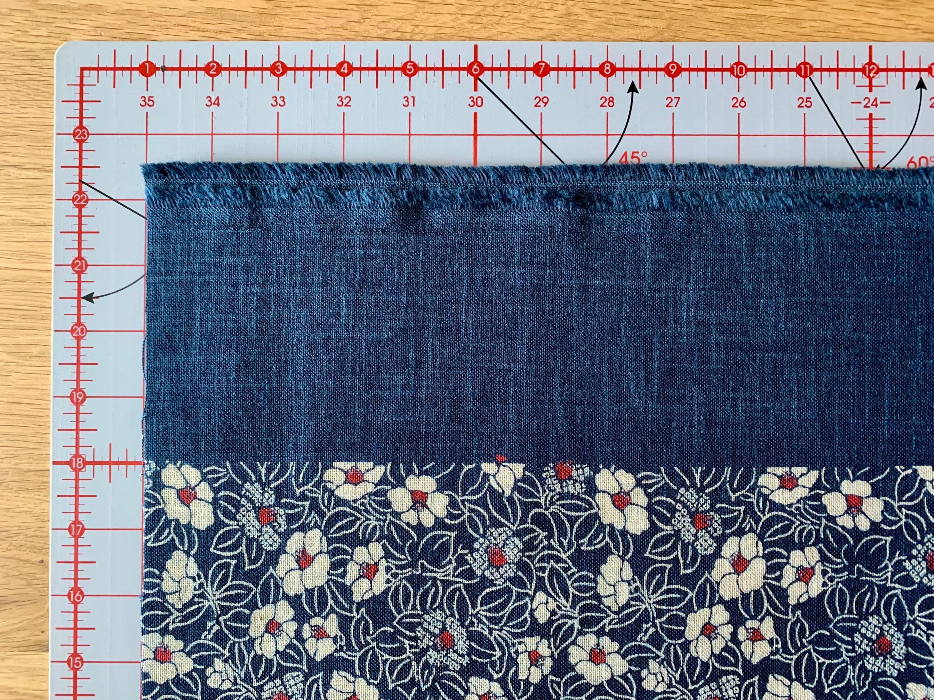 Kurenai - Camellias Hand Stenciled Cotton - Navy Blue Beige Red