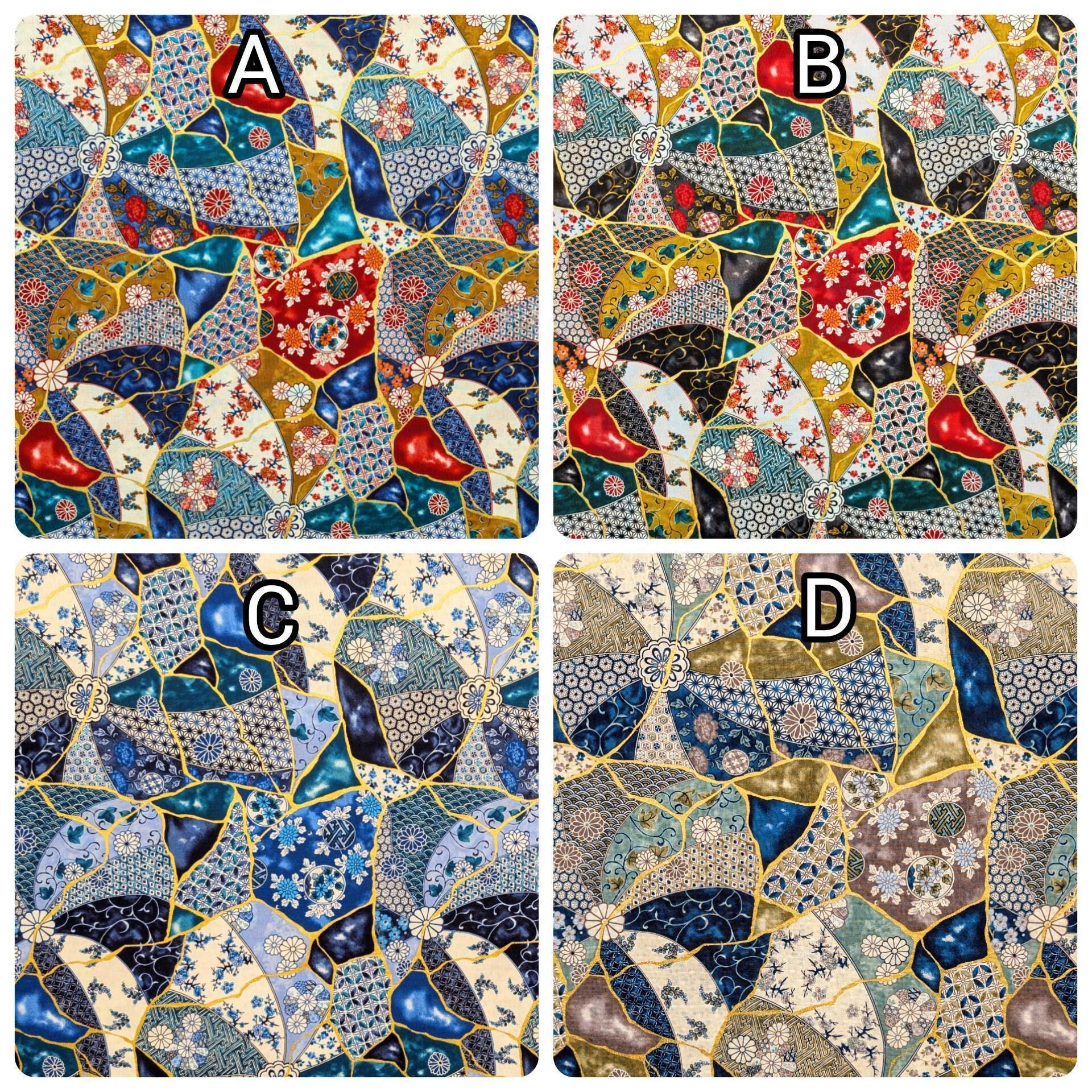 Senyo - Patterned Kintsugi Collage Cotton Fabric - Blue, Red and White