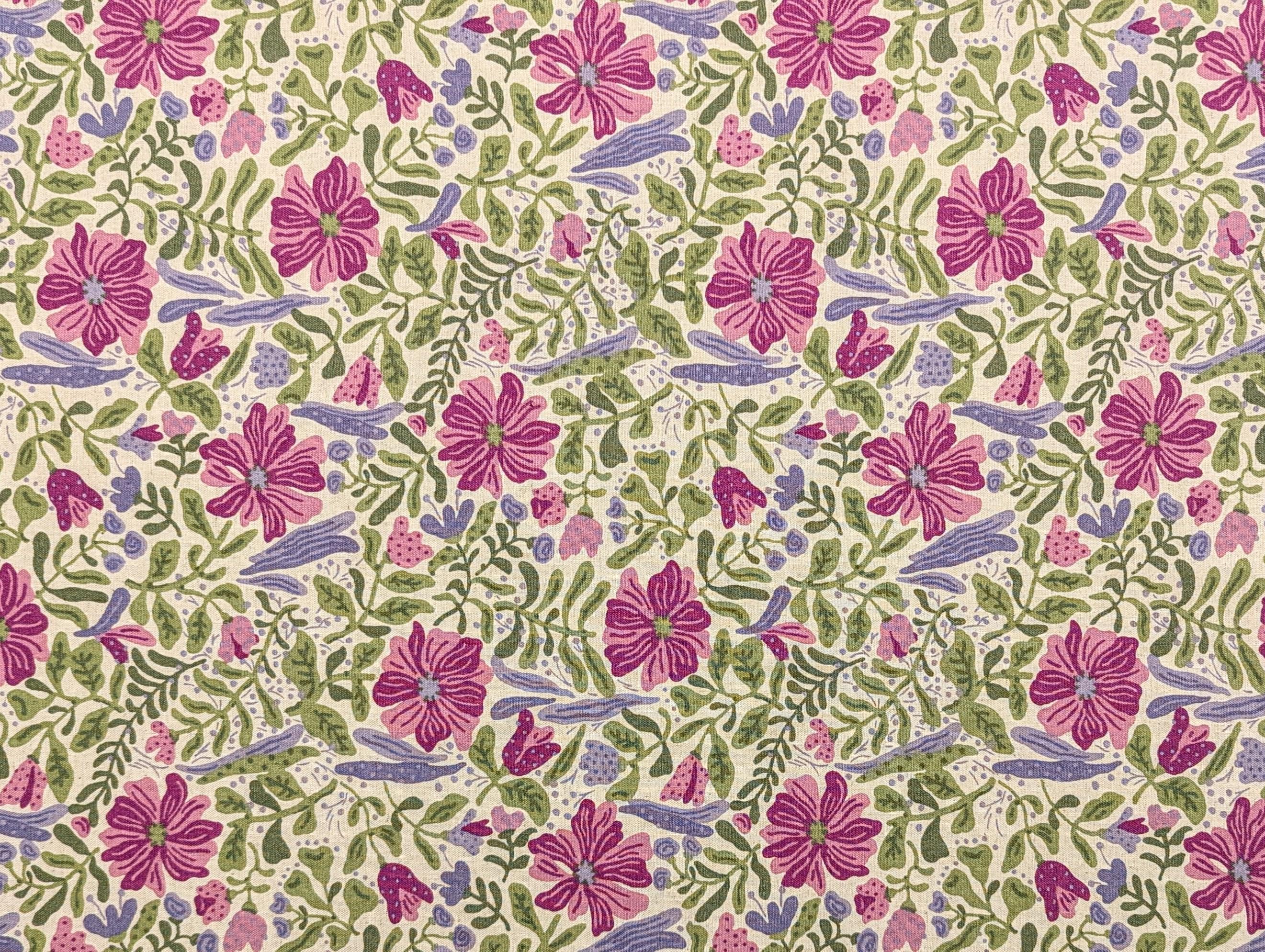 Kobayashi - Folk Art Flowers Cotton/Linen Oxford - Purple, Green and Beige