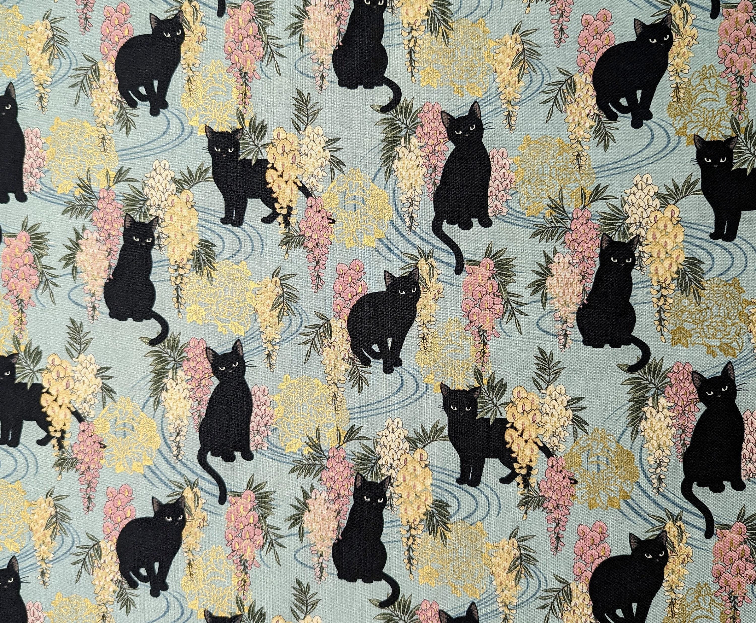 QuiltGate - Hyakka Ryoran Cats and Wisteria Cotton Fabric - Blue