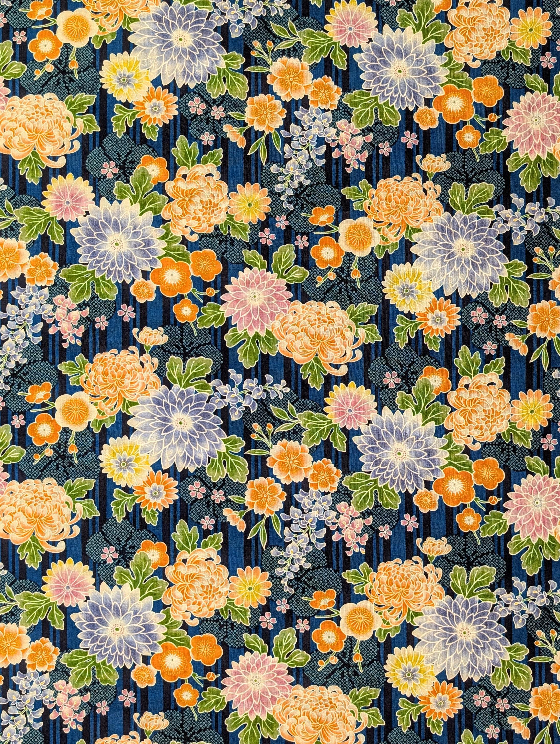Sevenberry - Striped Shibori Flowers Cotton Fabric - Blue