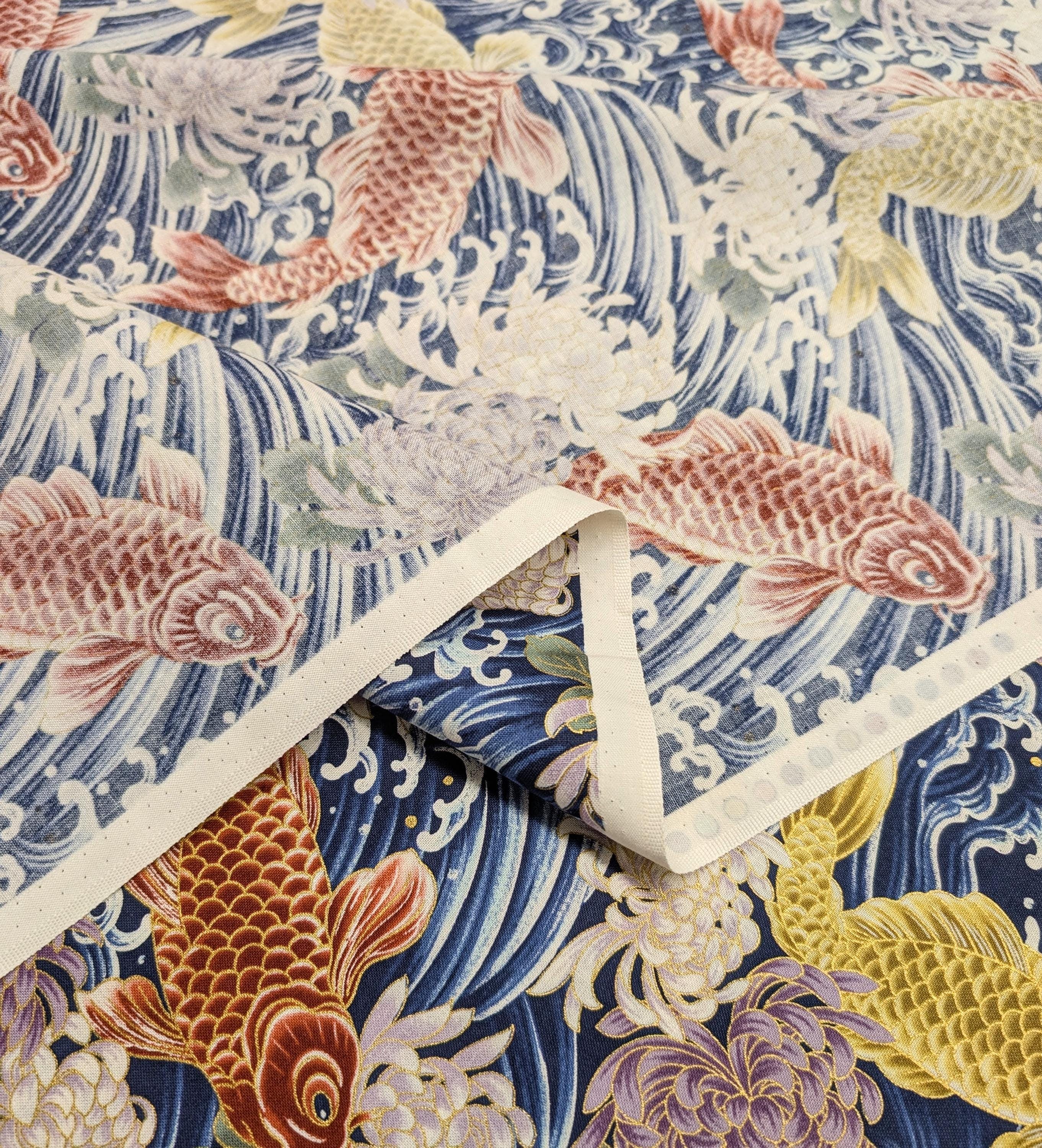 QuiltGate - Hyakka Ryoran Koi and Chrysanthemum Cotton Fabric - Blue