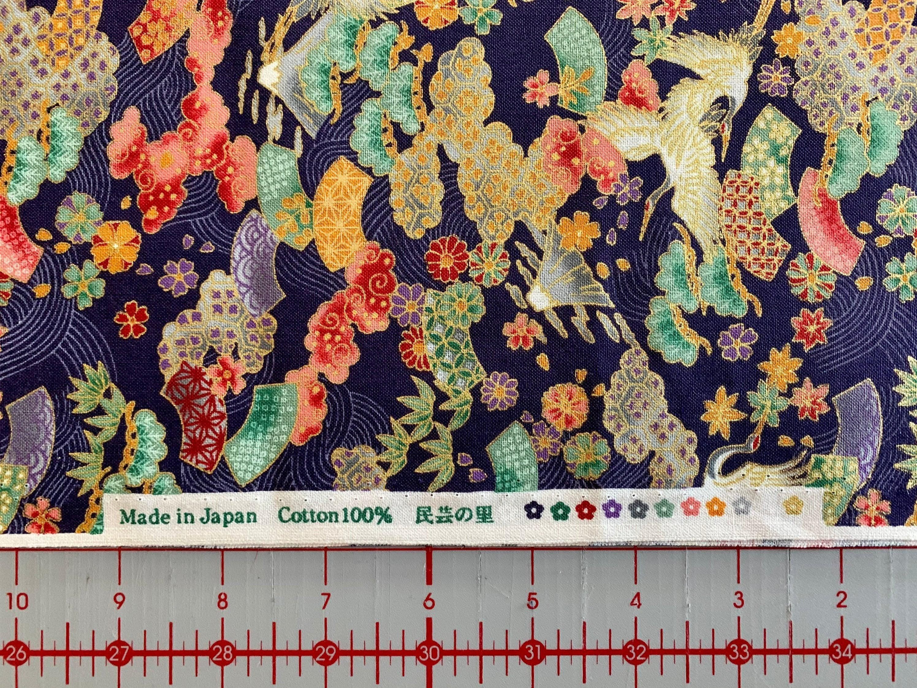 Naka - Cranes and Fans Cotton Fabric - Purple Gold