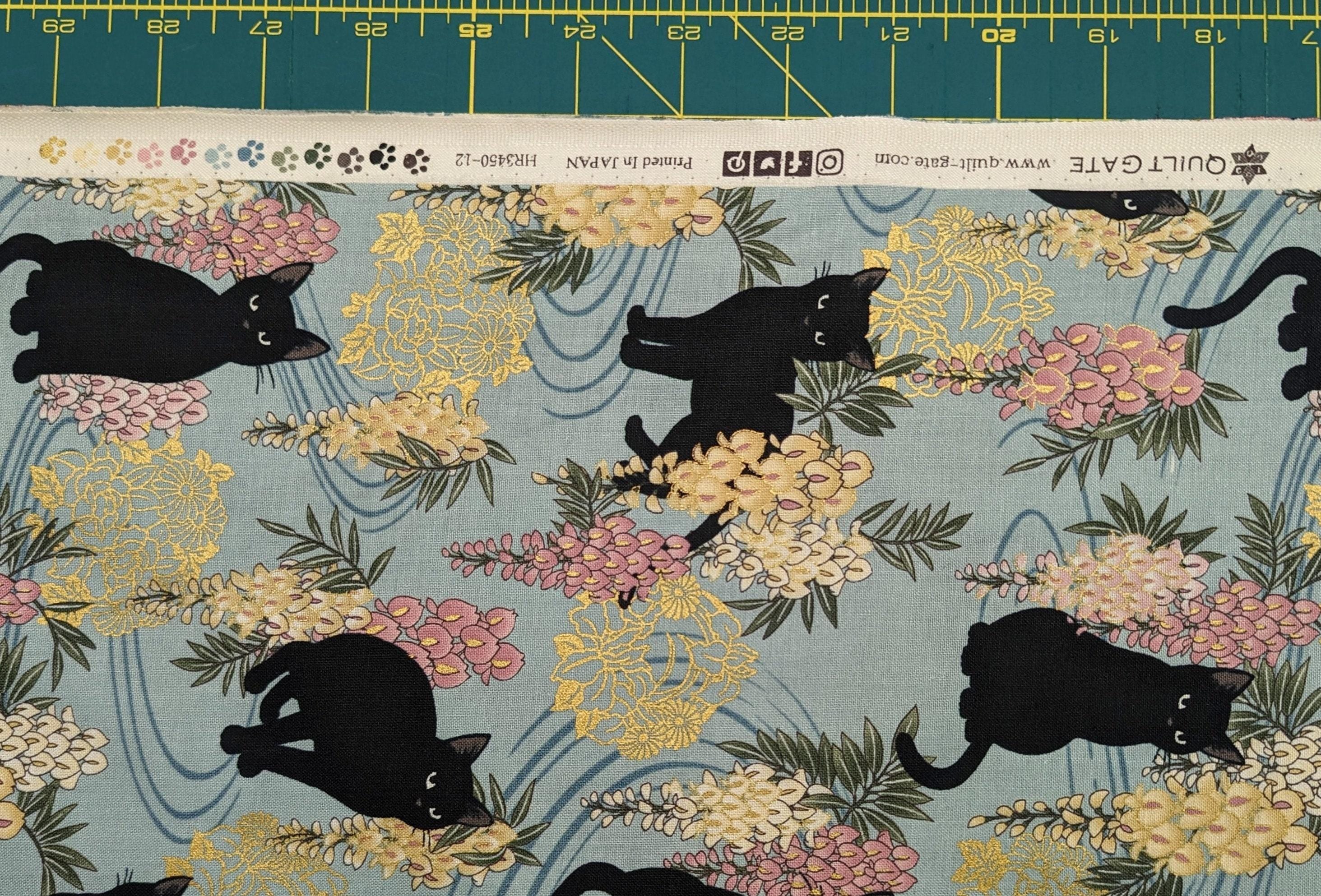 QuiltGate - Hyakka Ryoran Cats and Wisteria Cotton Fabric - Blue
