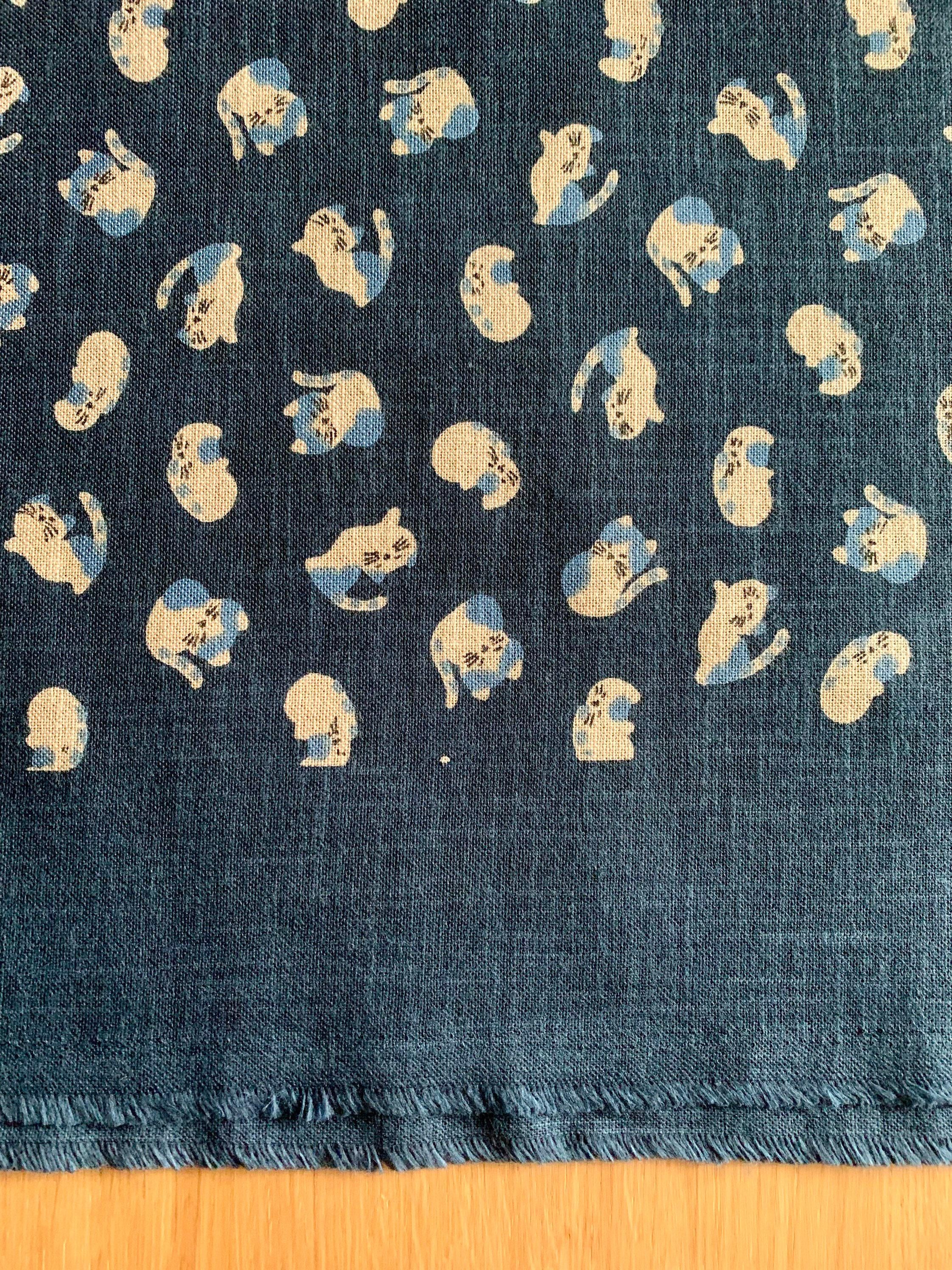 Kurenai - Playful Cats Hand Stenciled Cotton - Blue Beige