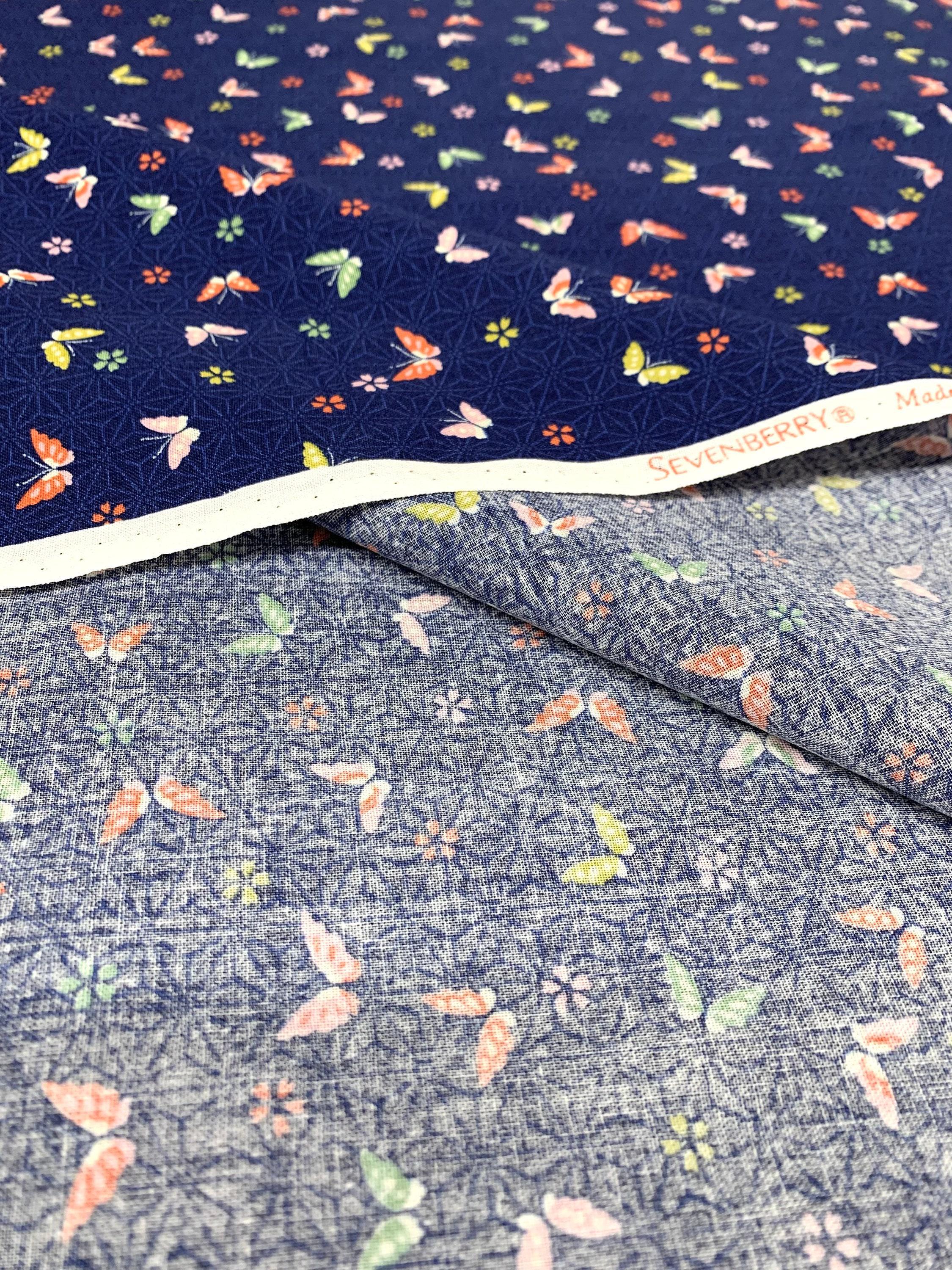 Sevenberry - Little Butterflies and Asanoha Stars Cotton Fabric - Blue