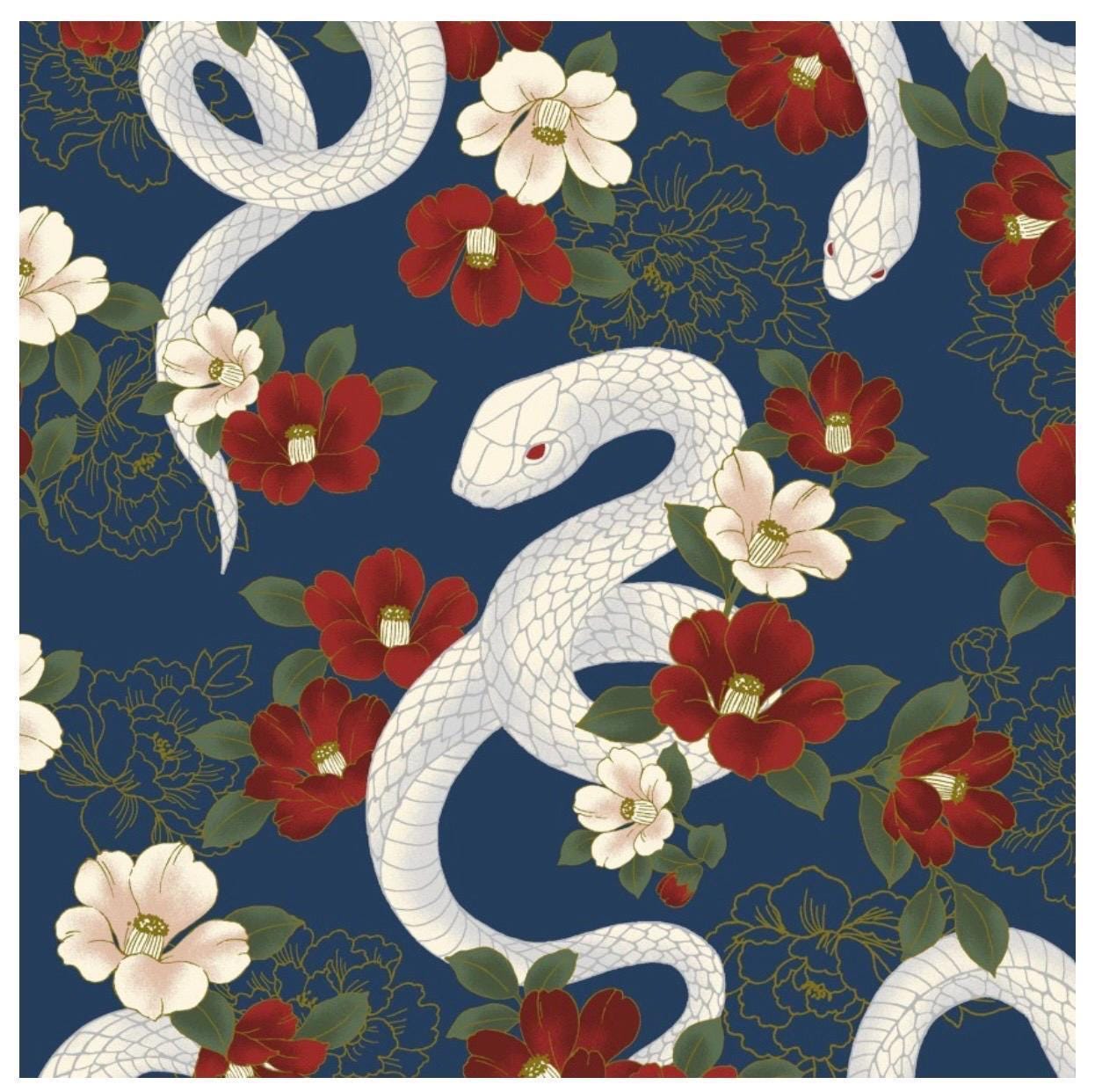 QuiltGate - Hyakka Ryoran Year of the Snake Cotton Fabric - Blue