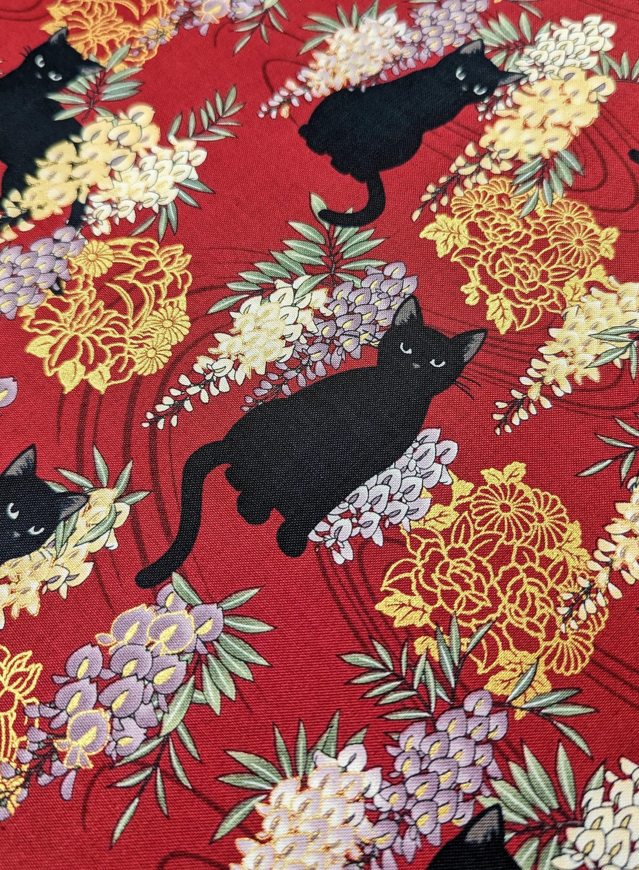 QuiltGate - Hyakka Ryoran Cats and Wisteria Cotton Fabric - Red