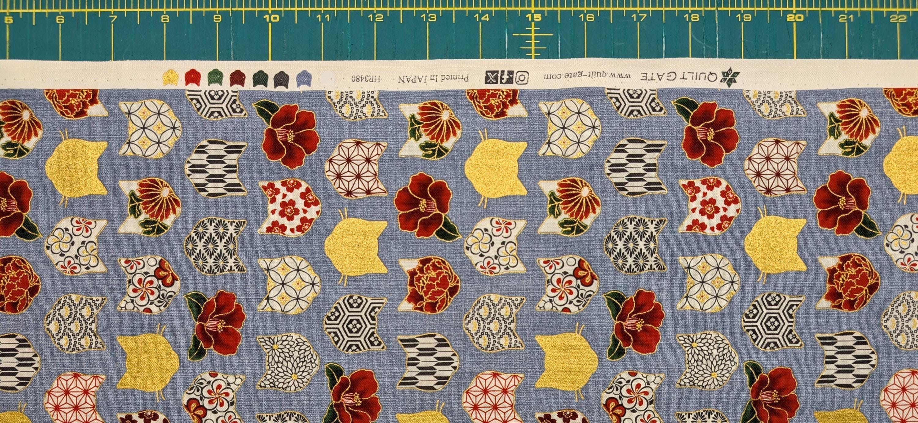 QuiltGate - Hyakka Ryoran Patterned Cats Cotton Fabric - Light Blue