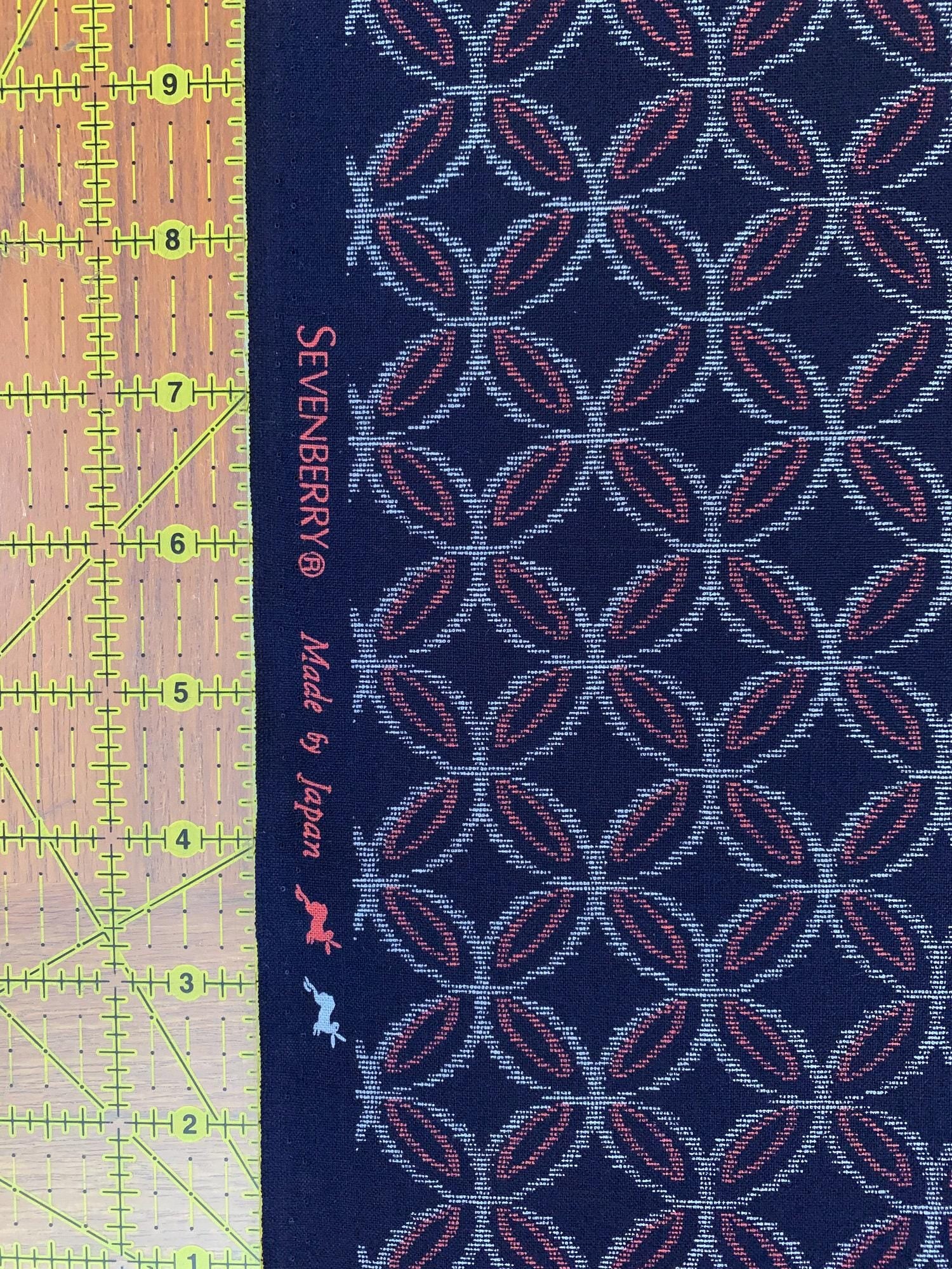 Sevenberry - Printed Ikat Kasuri Shippou Circles Cotton Fabric - Navy Orange