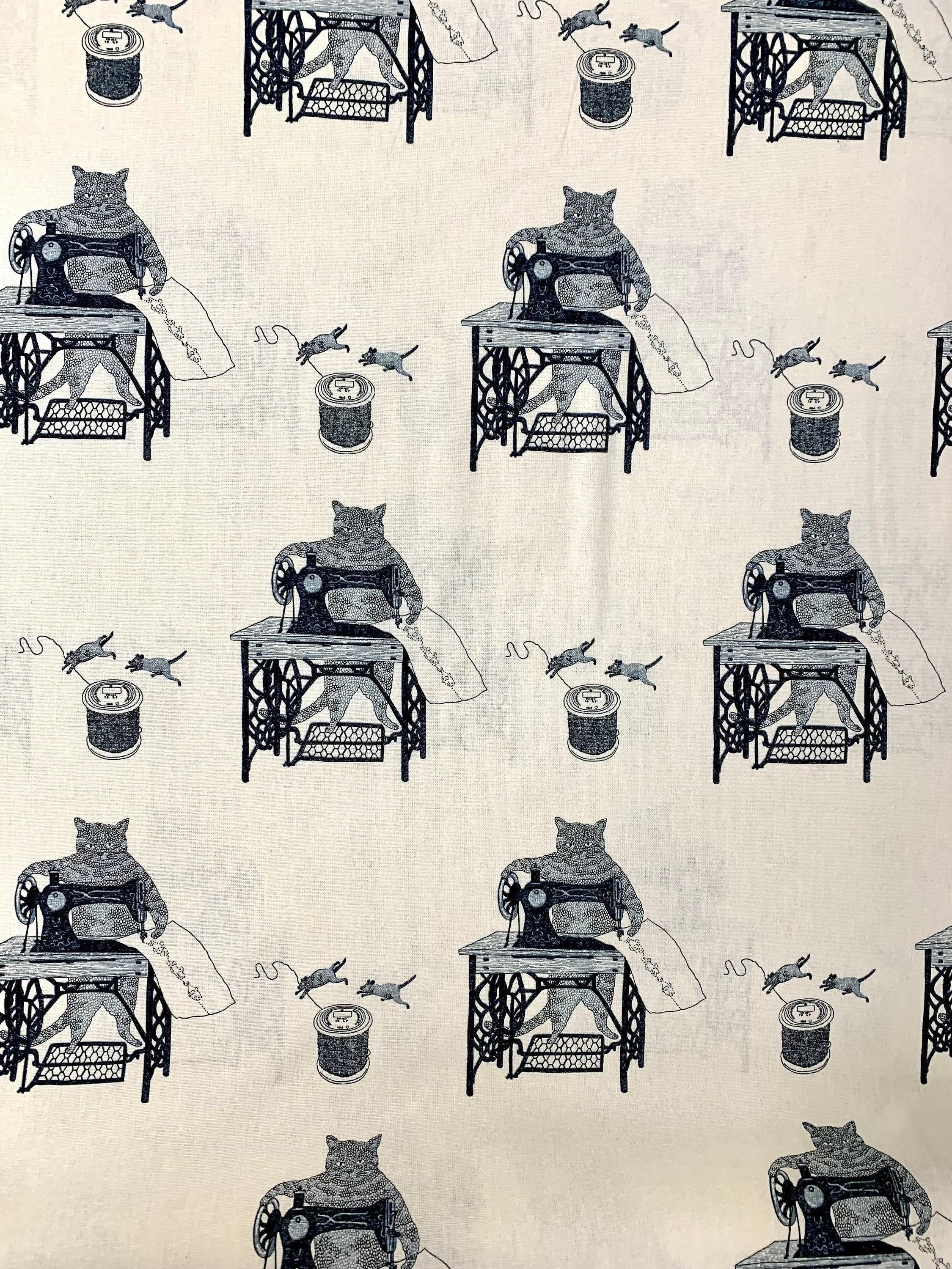 Purr-fect Stitches Cats with Sewing Machines Japanese cotton linen blend canvas 148-1800-1 off-white black blue