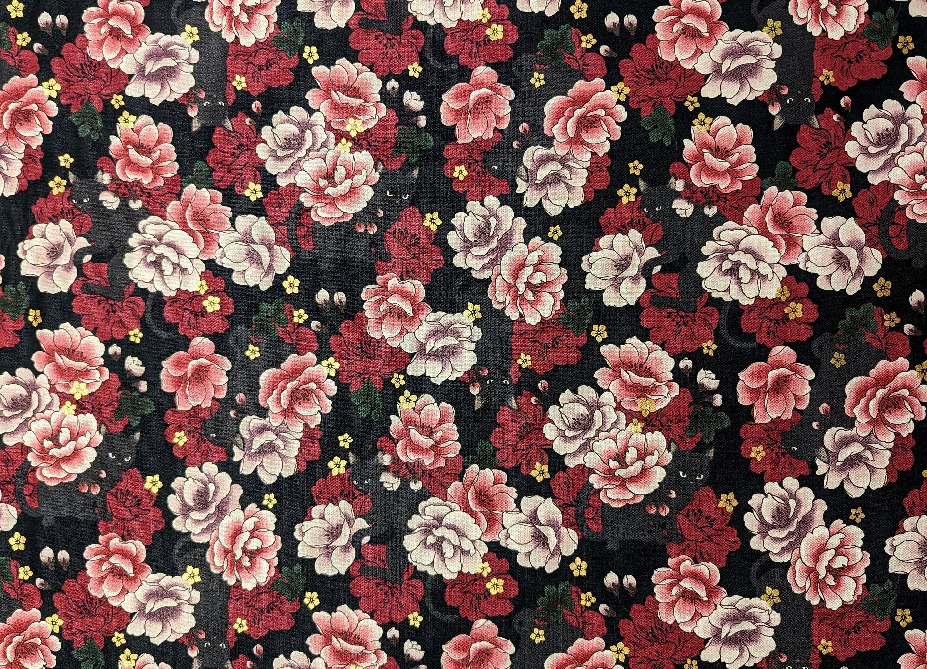 QuiltGate - Hyakka Ryoran Blossoming Cats Cotton Fabric - Black
