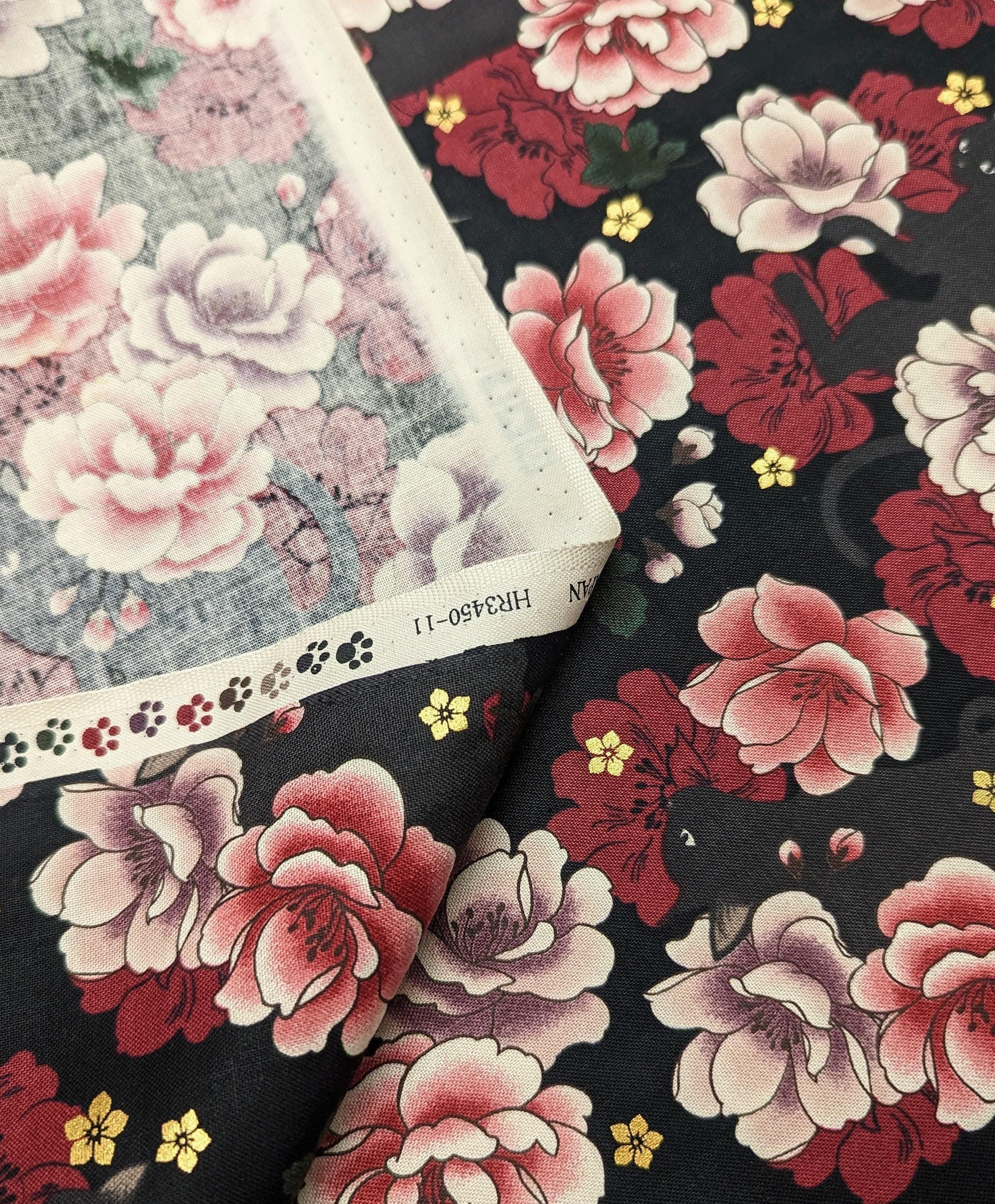 QuiltGate - Hyakka Ryoran Blossoming Cats Cotton Fabric - Black