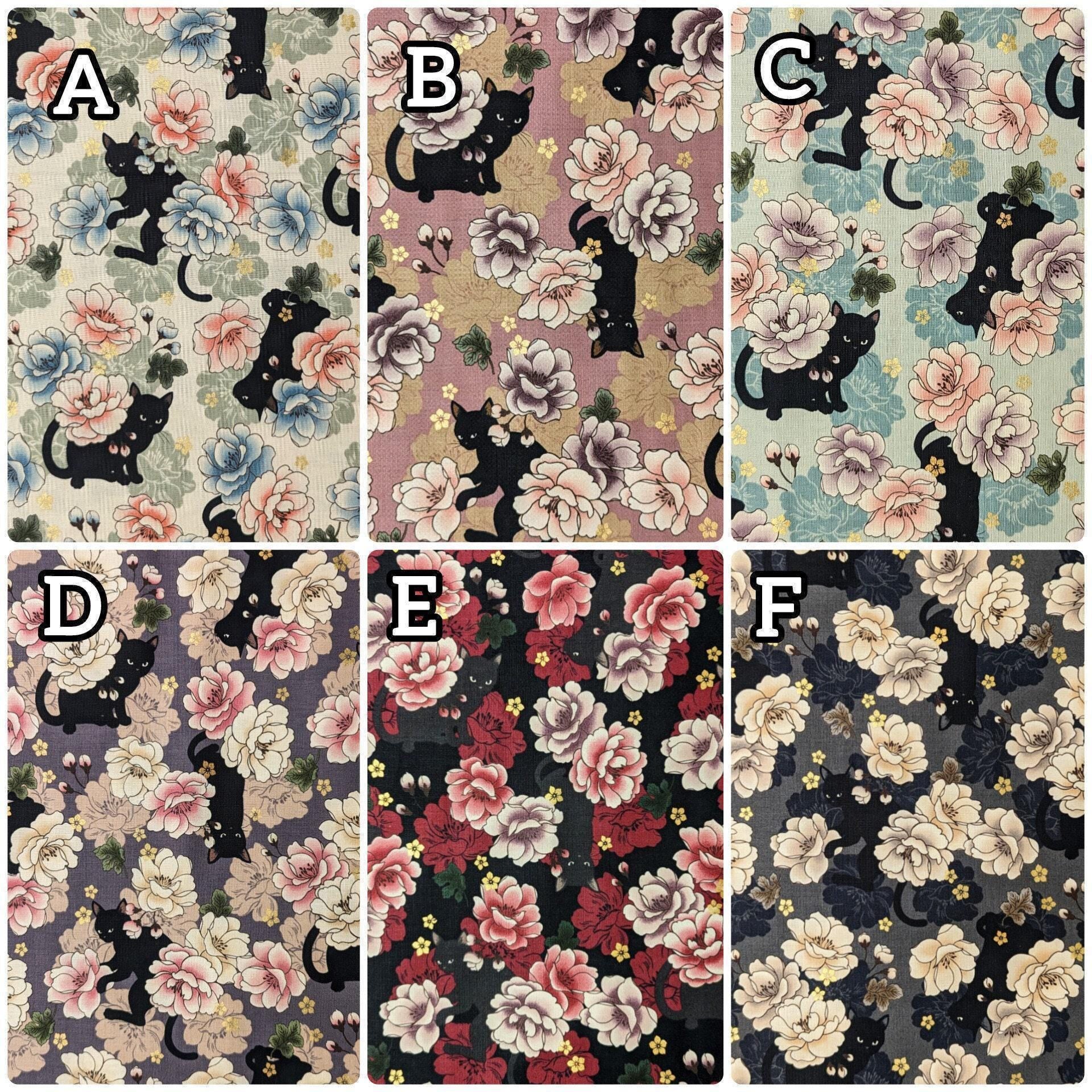 QuiltGate - Hyakka Ryoran Blossoming Cats Cotton Fabric - Black