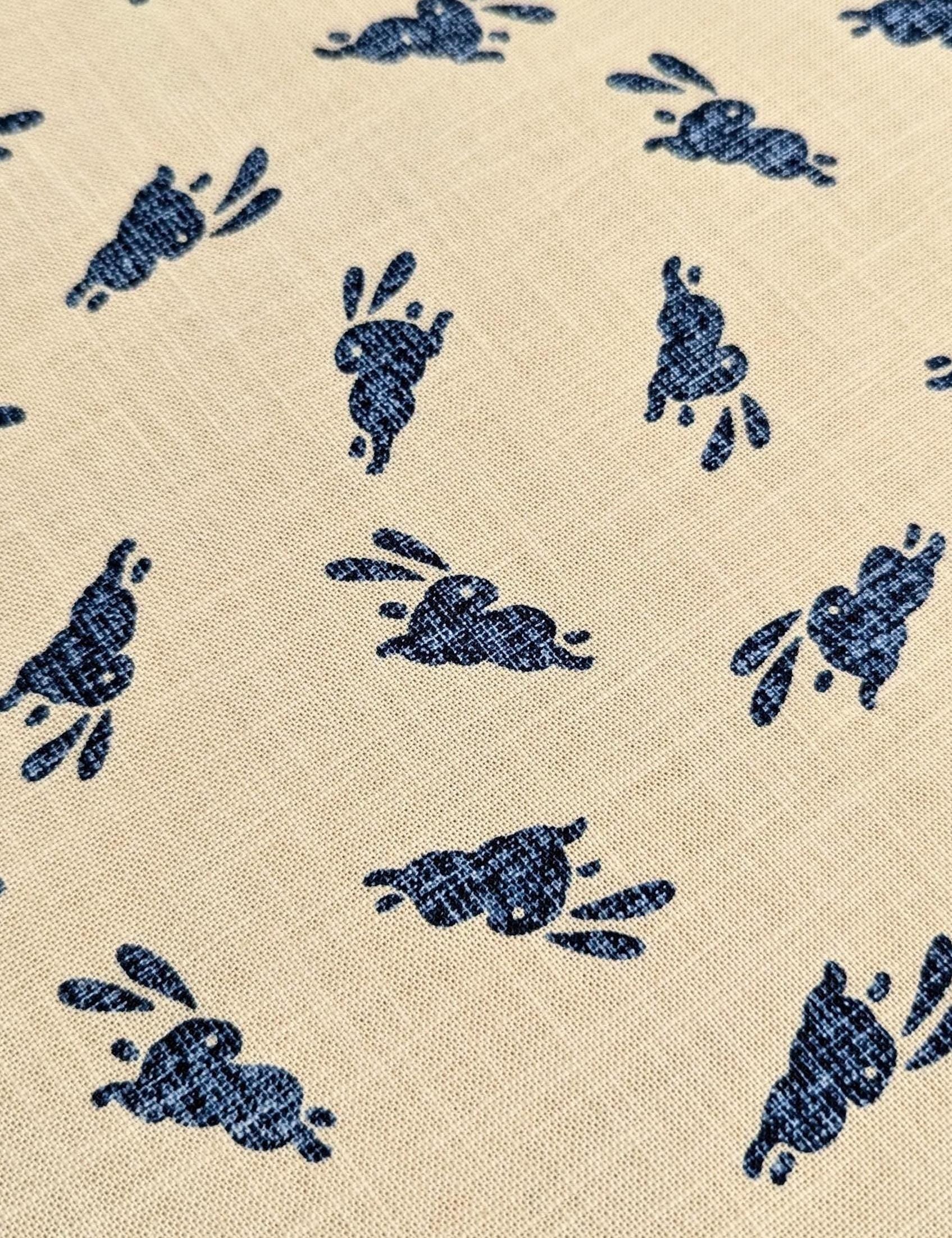 Kurenai - Hand Stenciled Bounding Rabbits Cotton - Blue Off-White