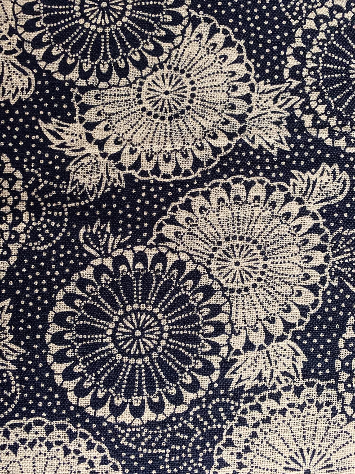 Sevenberry - Katazome Chrysanthemums Cotton Fabric - Navy Blue Beige