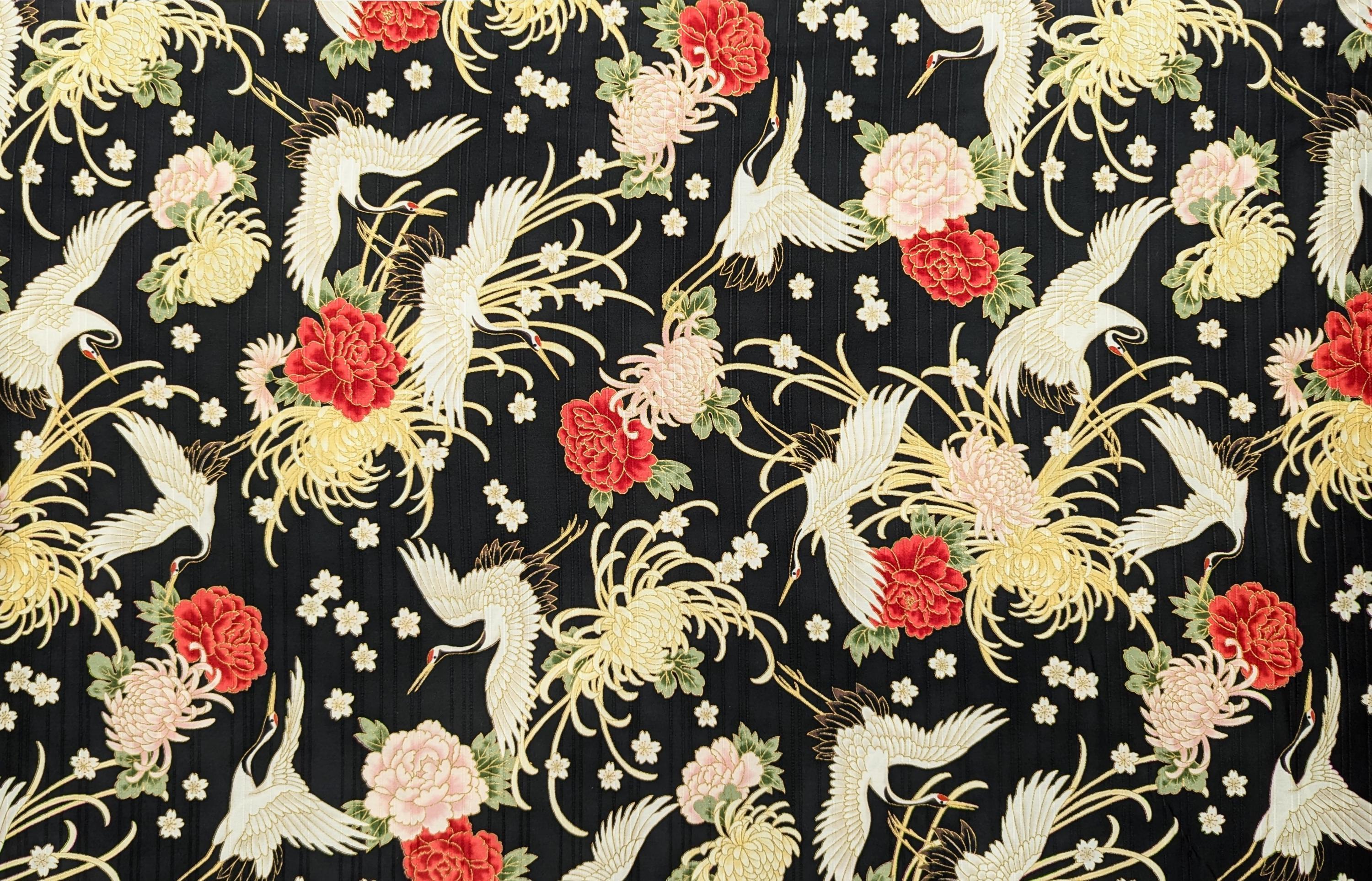 Cosmo - Cranes and Flowers Cotton Shantung - Black