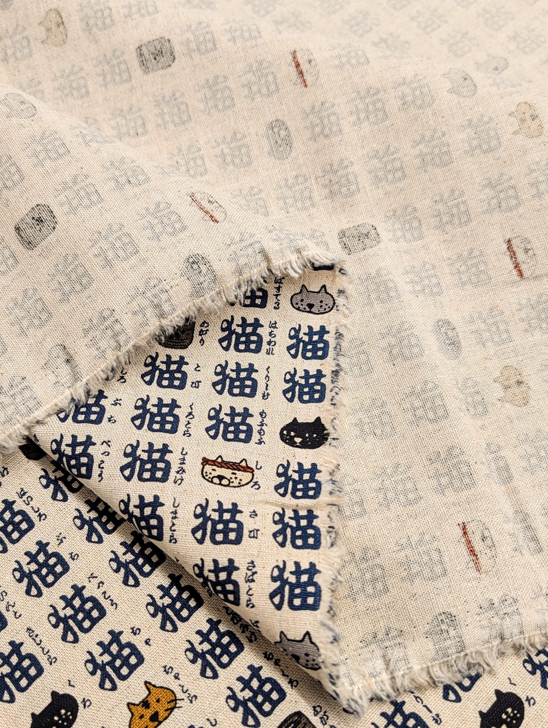 Kobayashi - Kanji Cats Cotton/Linen Light Canvas - Off-White and Navy