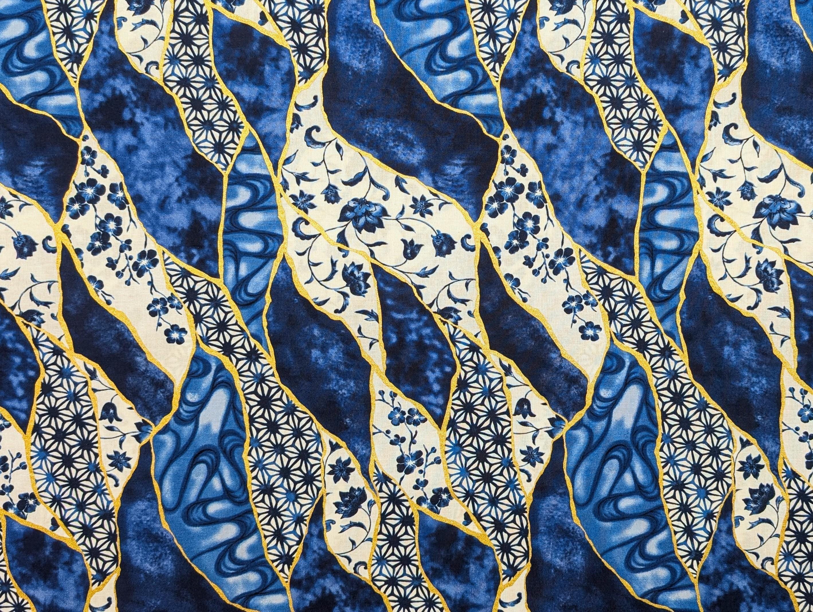 Senyo - Patterned Golden Kintsugi Cotton Fabric - Blue