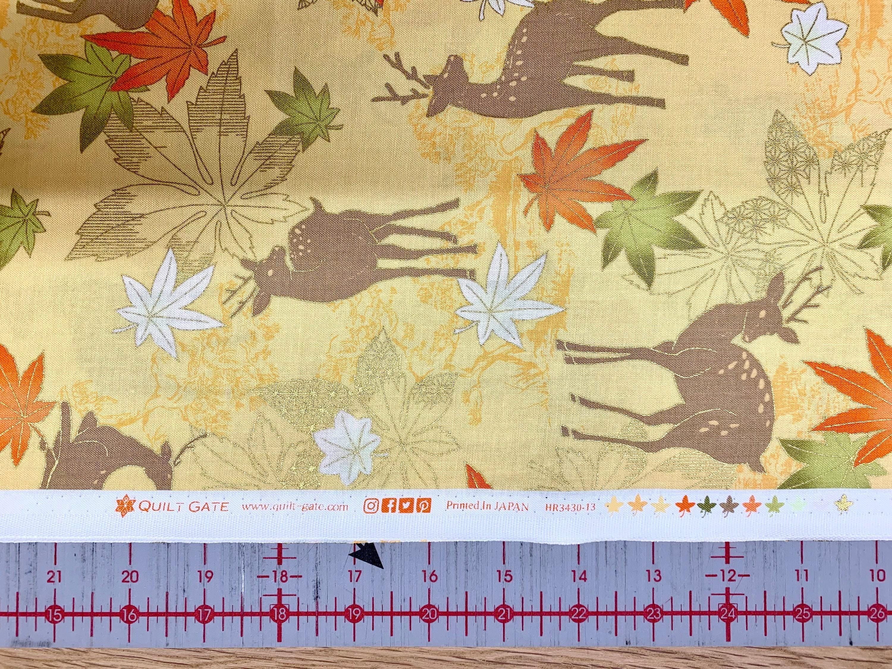 QuiltGate - Hyakka Ryoran Deer and Maple Leaf Cotton Fabric - Custard Orange Yellow Green Gold