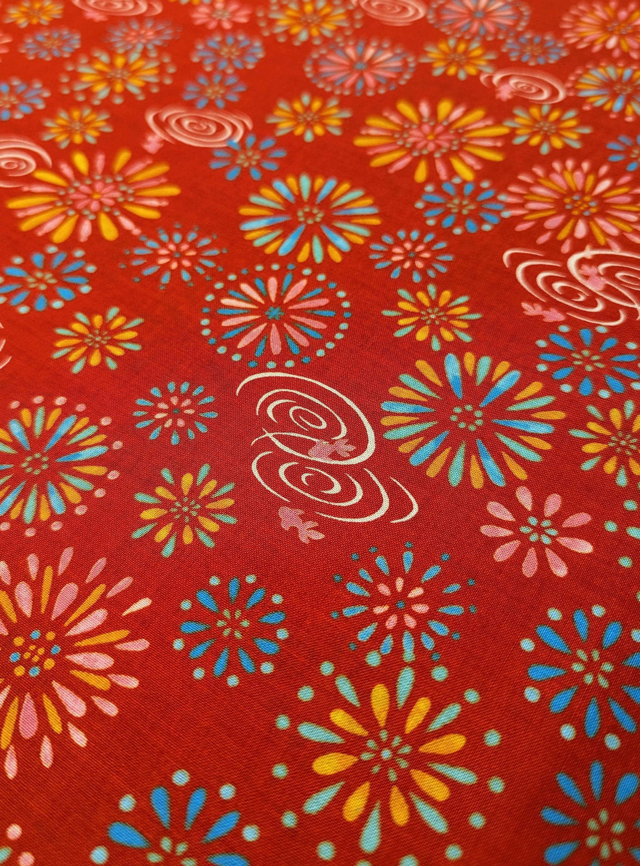 Sevenberry - Fireworks and Koi Cotton Fabric - Red