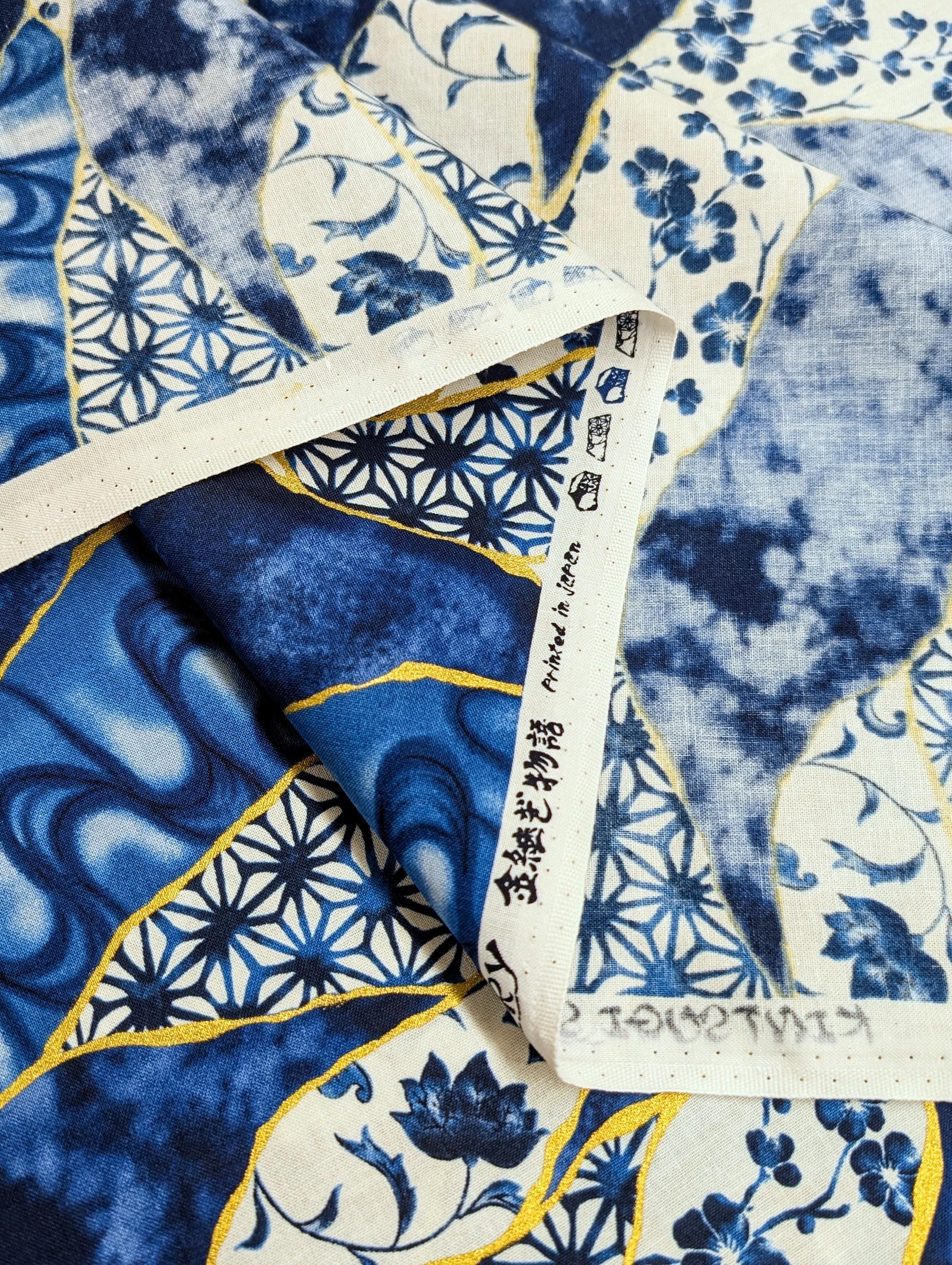 Senyo - Patterned Golden Kintsugi Cotton Fabric - Blue