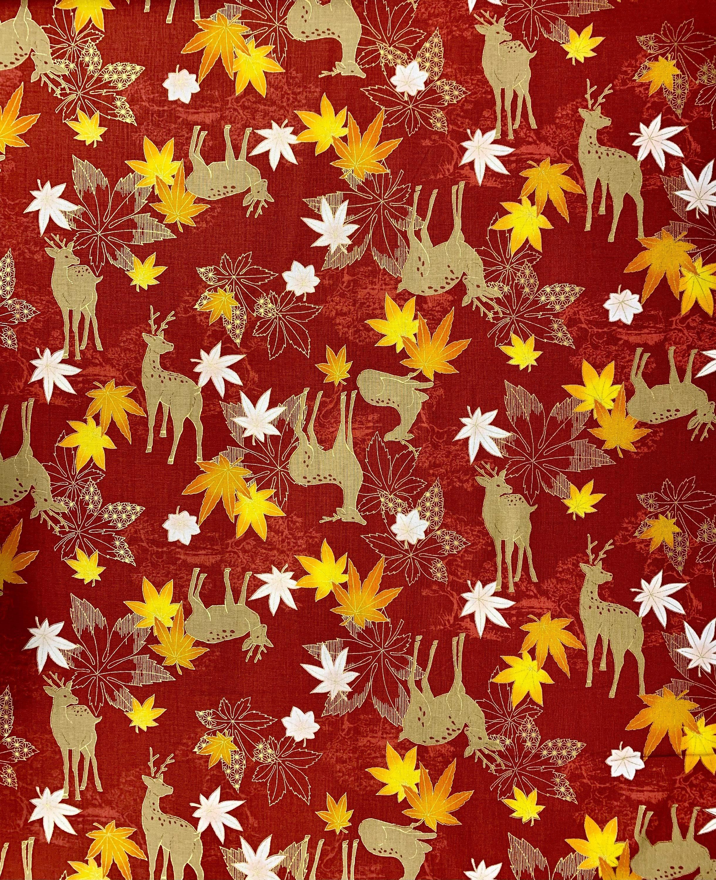 QuiltGate - Hyakka Ryoran Deer and Maple Leaf Cotton Fabric - Red Orange Yellow Gold