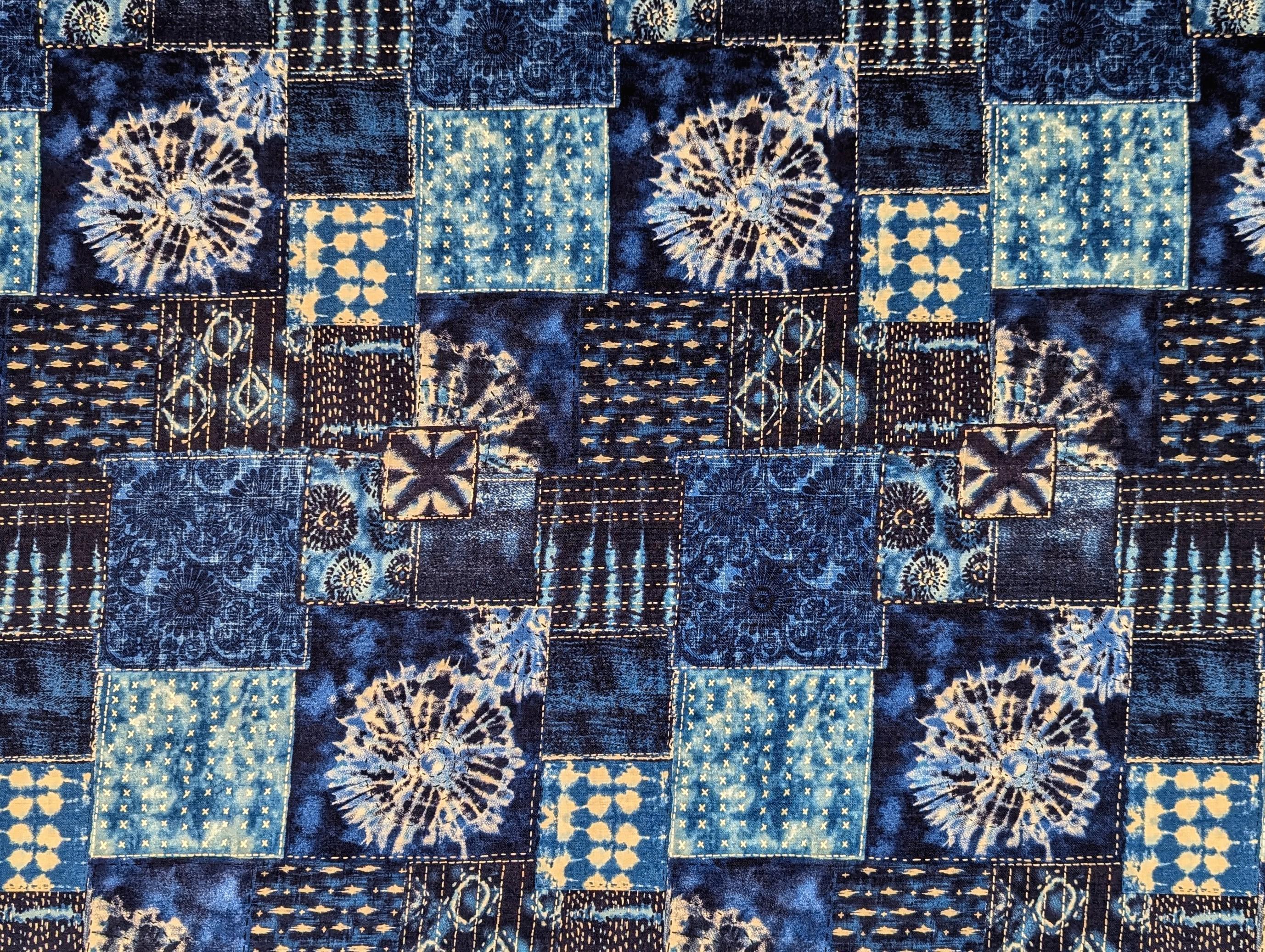 Senyo - Printed Shibori Sashiko Patchwork Cotton Fabric - Medium Blue