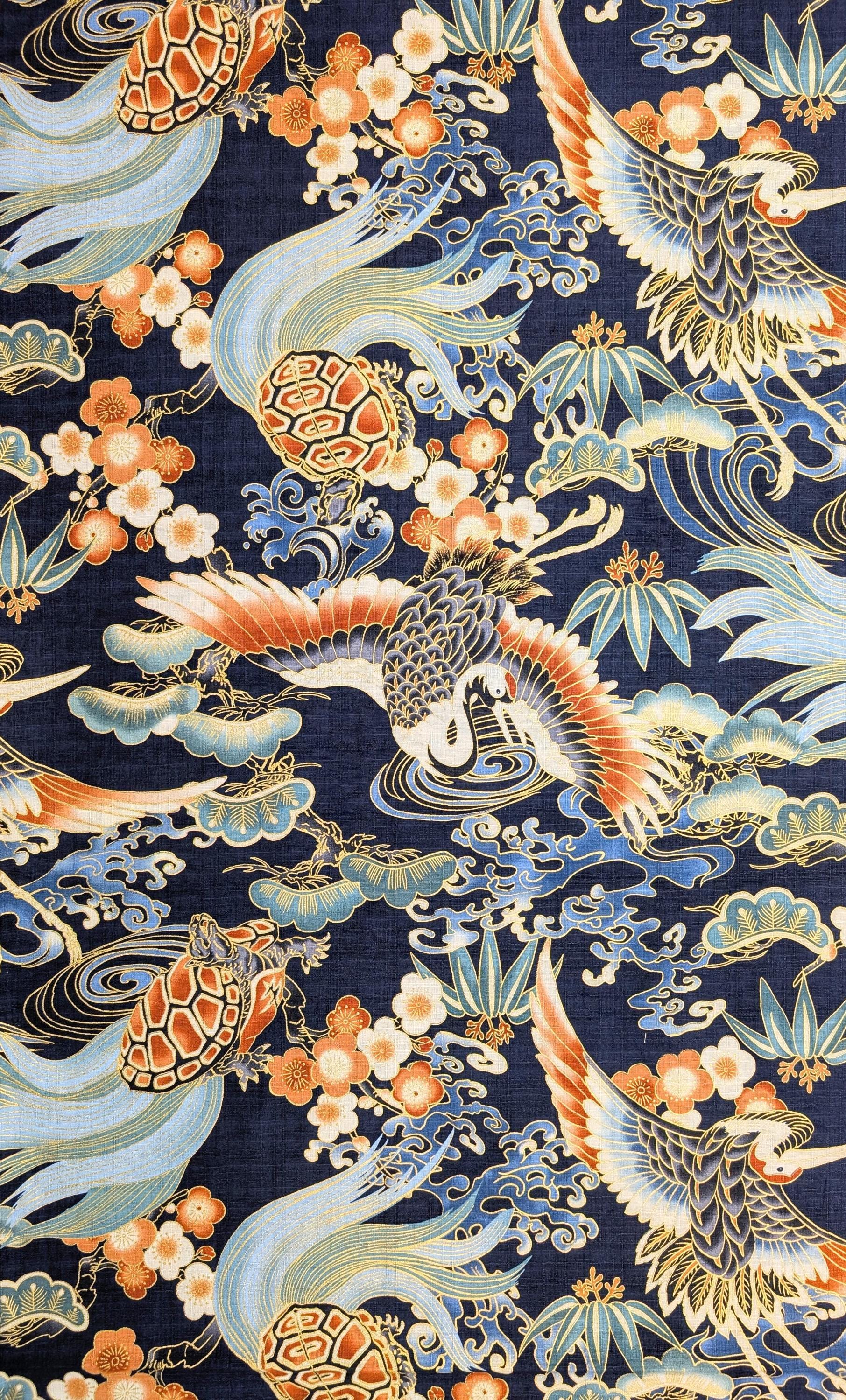 NEW Golden Crane & Minogame Hokkoh Japanese cotton dobby fabric 1025-100-5 D dark navy