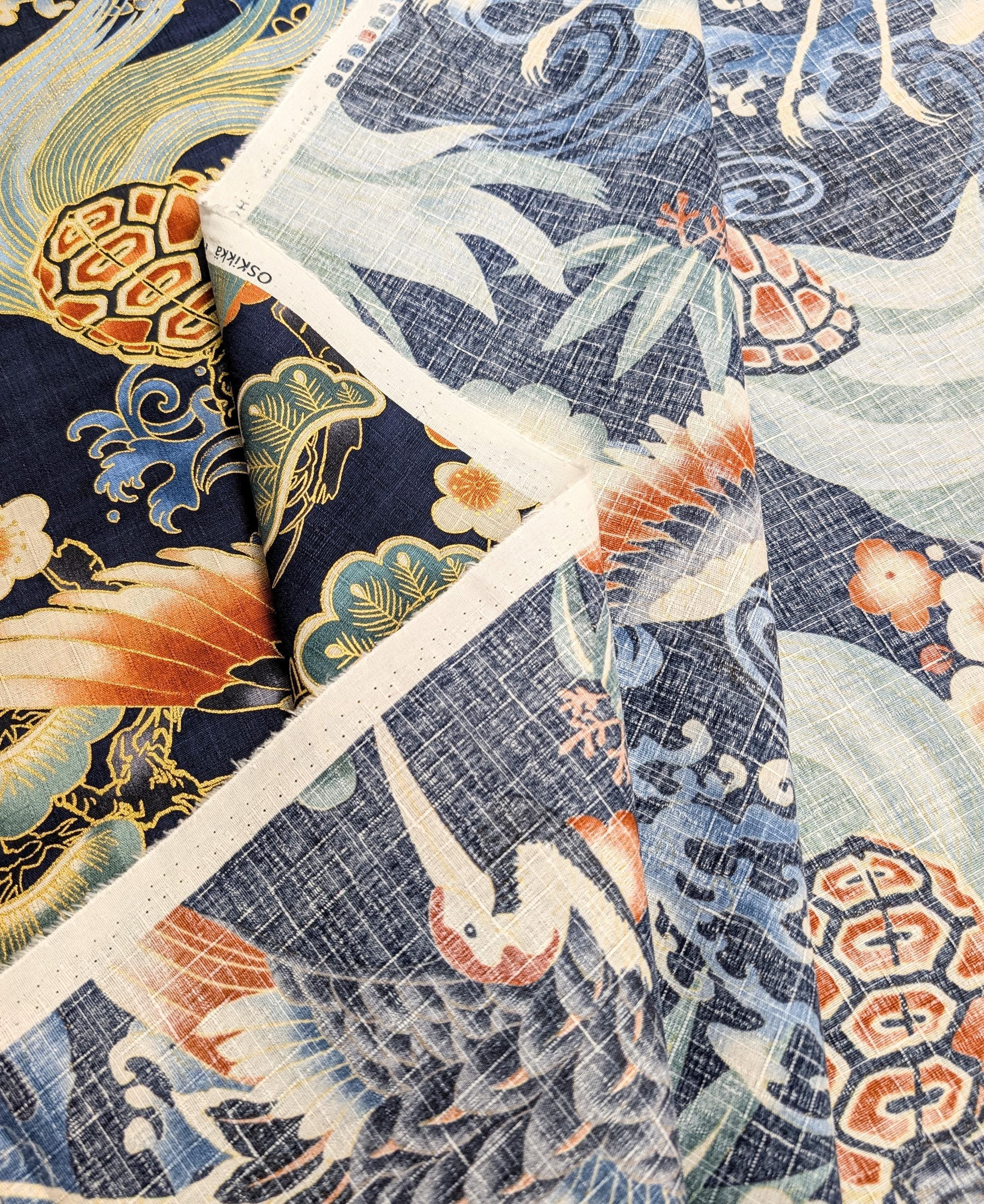 NEW Golden Crane & Minogame Hokkoh Japanese cotton dobby fabric 1025-100-5 D dark navy