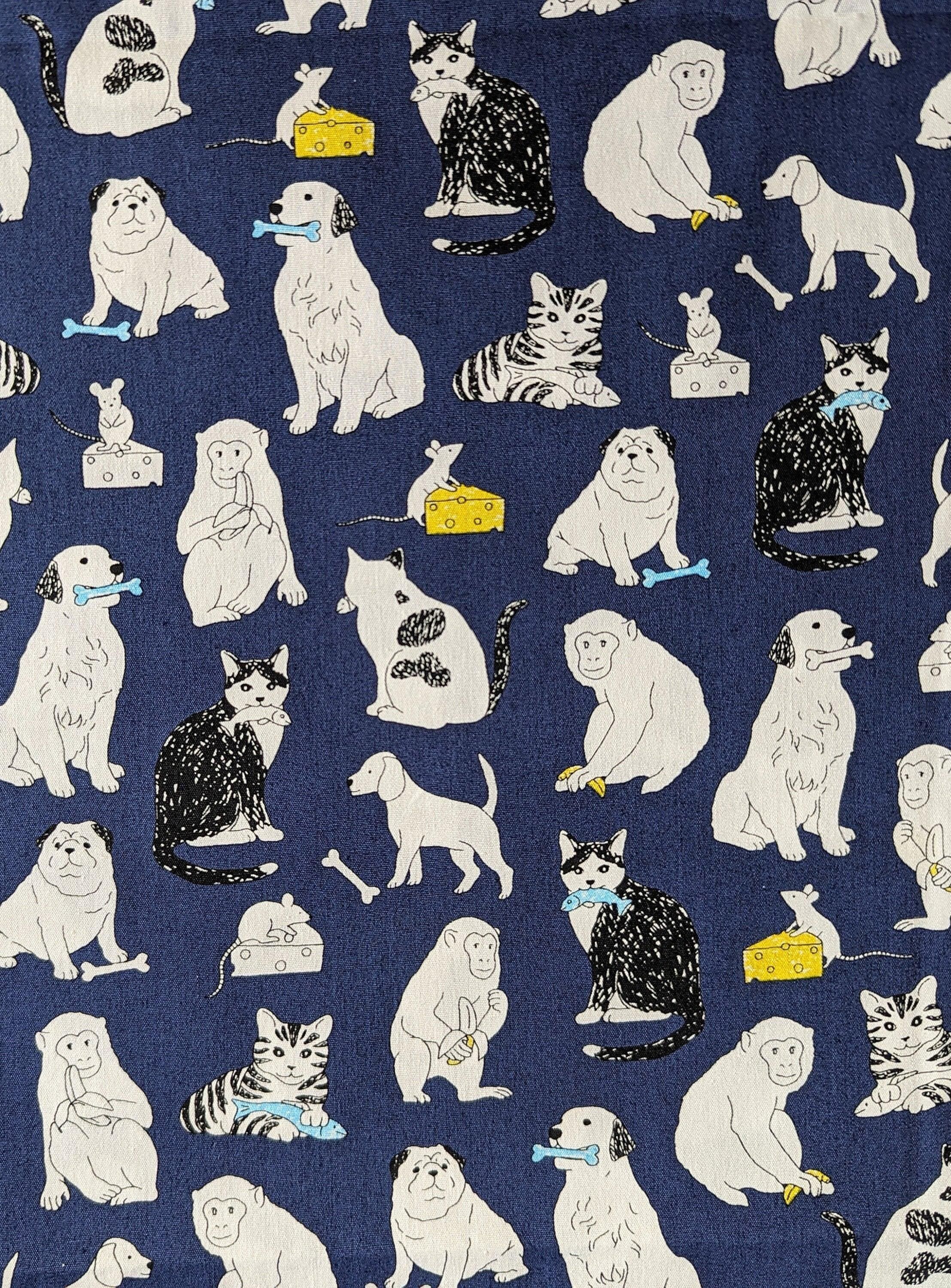 Sevenberry - Cats Dogs Mice and Monkeys Cotton Fabric - Navy Blue