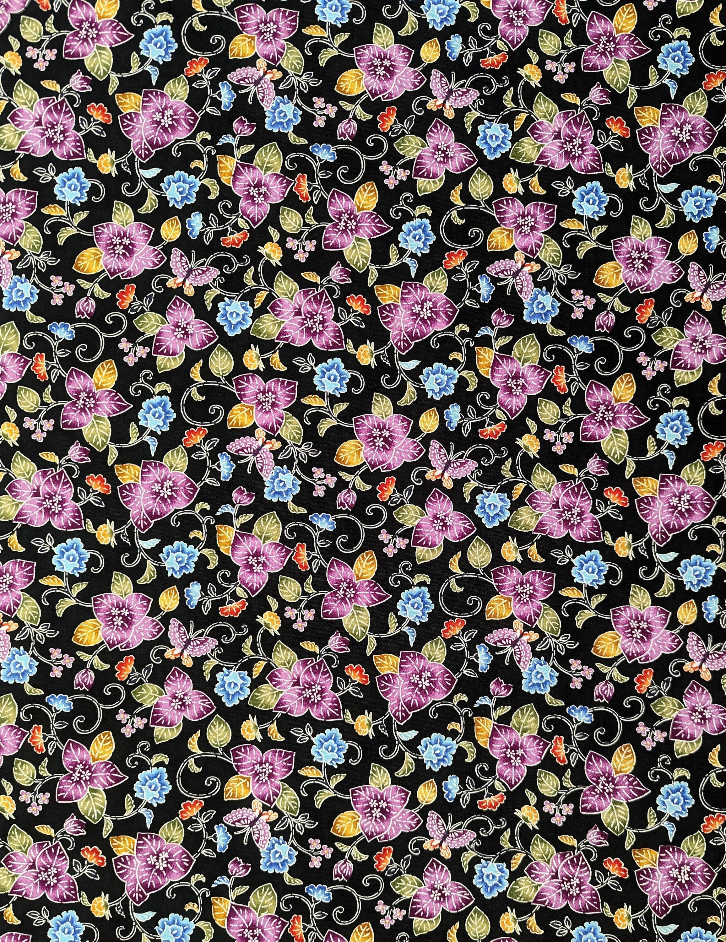 Cosmo - Tropical Bingata Flowers Cotton - Black
