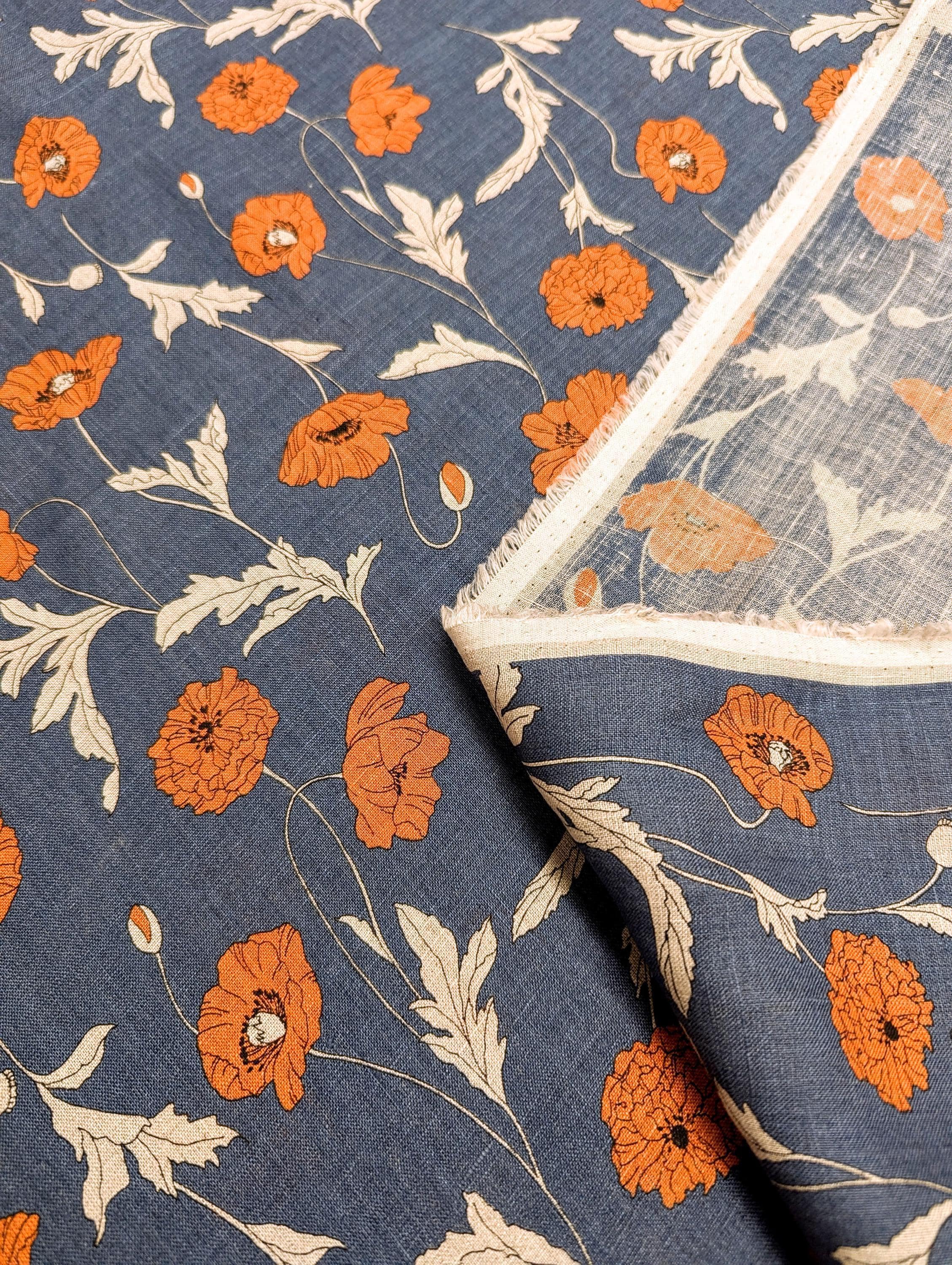Hokkoh - Summer Poppies Linen Fabric - Blue and Orange