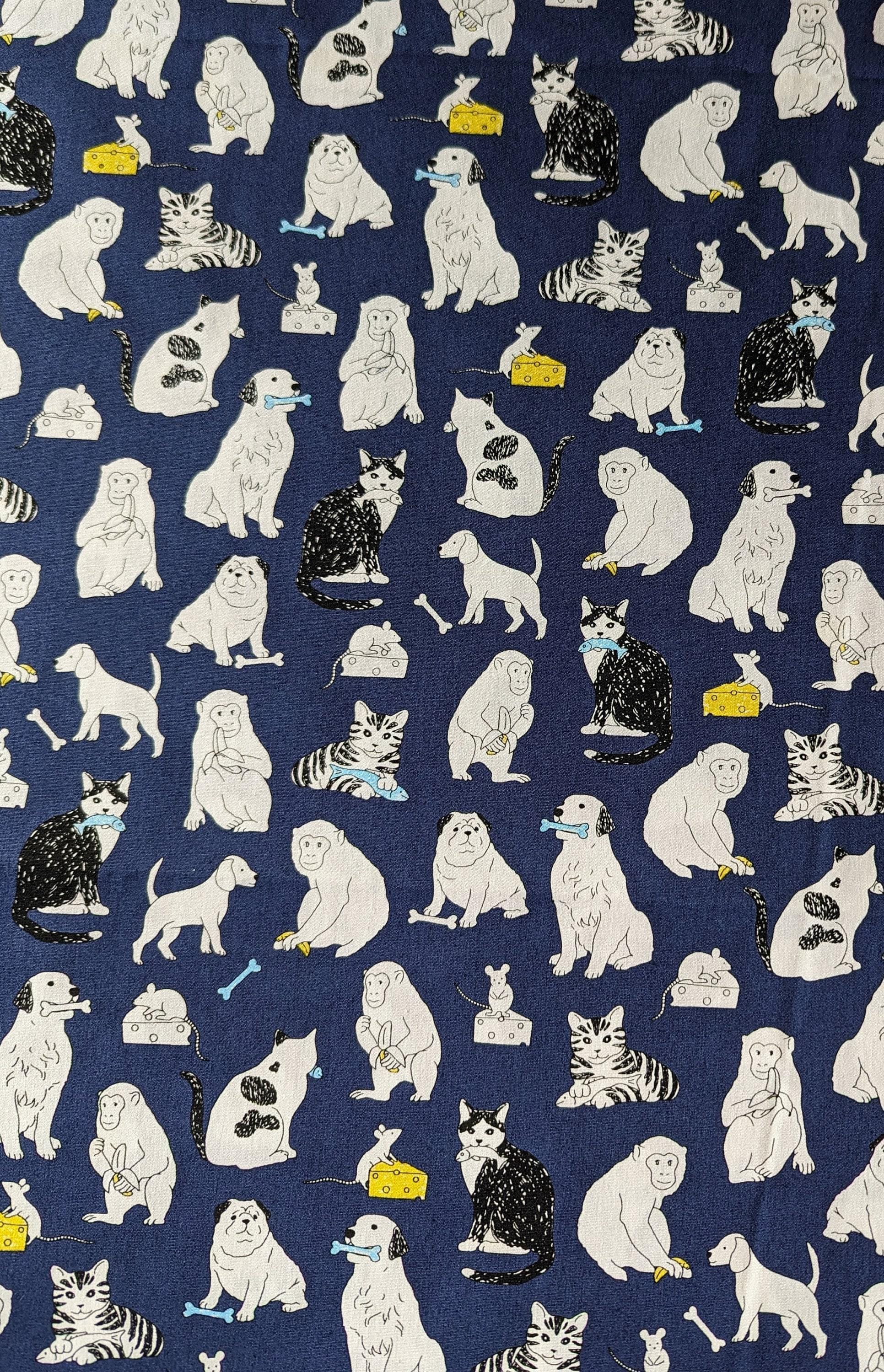 Sevenberry - Cats Dogs Mice and Monkeys Cotton Fabric - Navy Blue