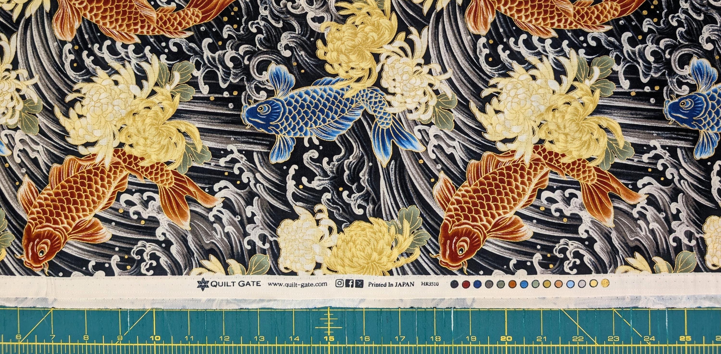 QuiltGate - Hyakka Ryoran Koi and Chrysanthemum Cotton Fabric - Black