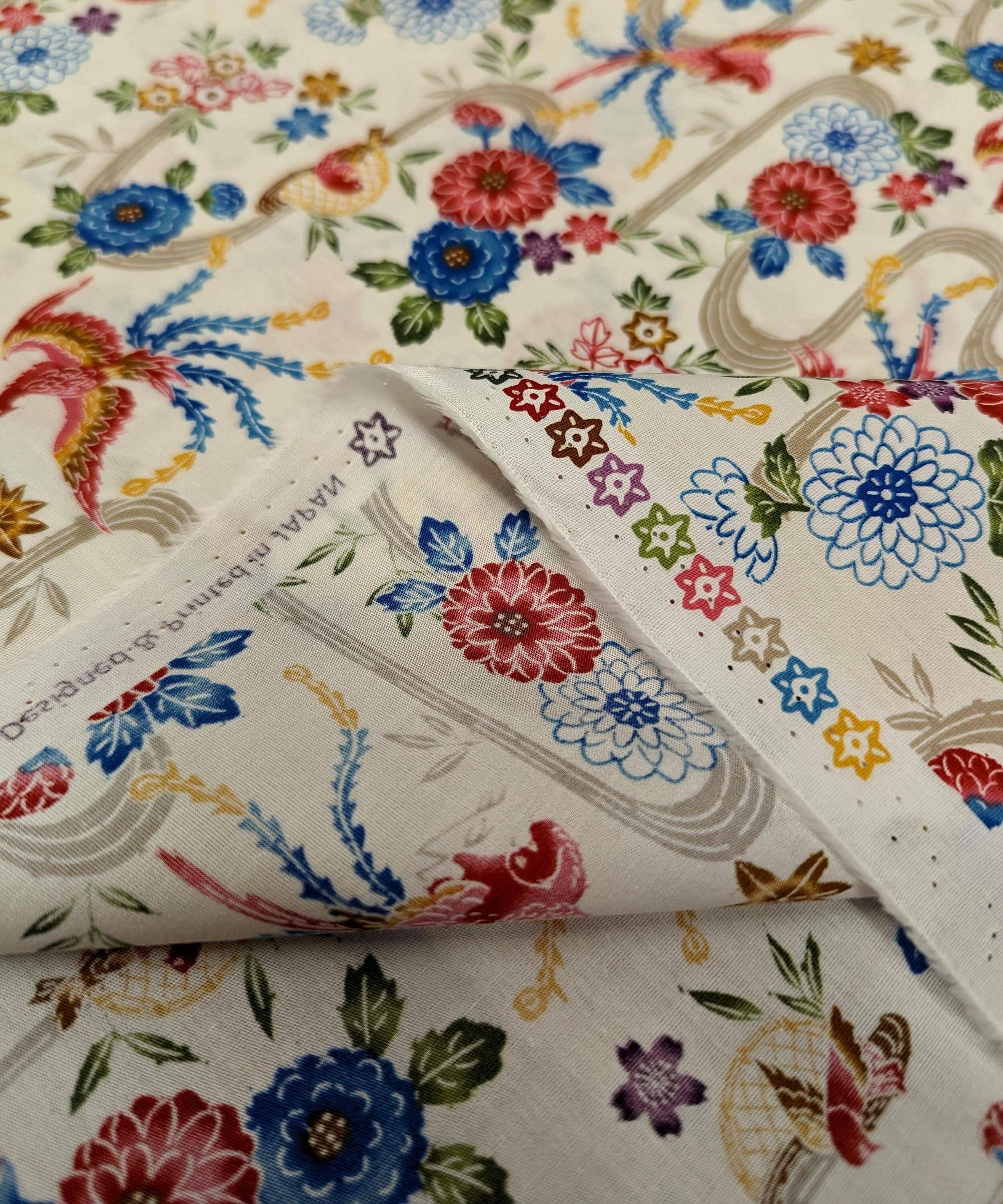 Cosmo - Bingata Phoenix and Flowers Cotton - White
