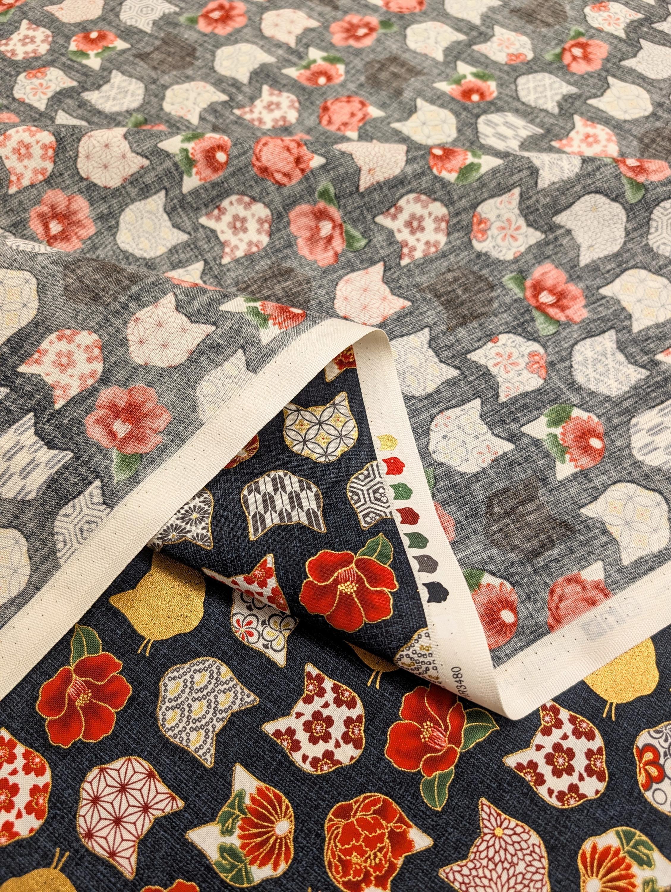 QuiltGate - Hyakka Ryoran Patterned Cats Cotton Fabric - Black