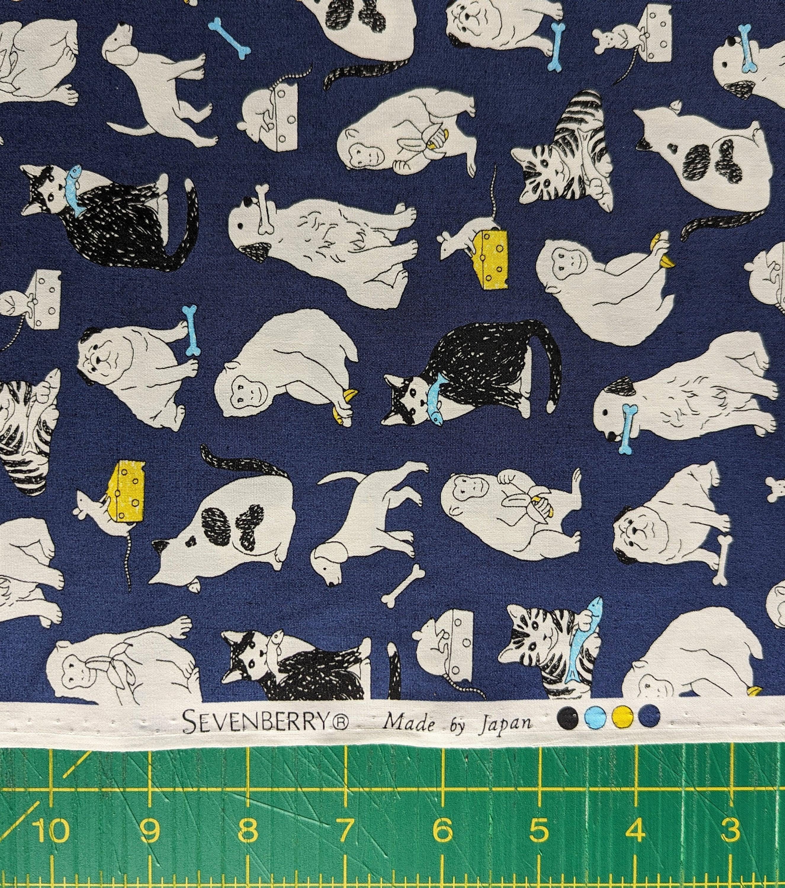 Sevenberry - Cats Dogs Mice and Monkeys Cotton Fabric - Navy Blue