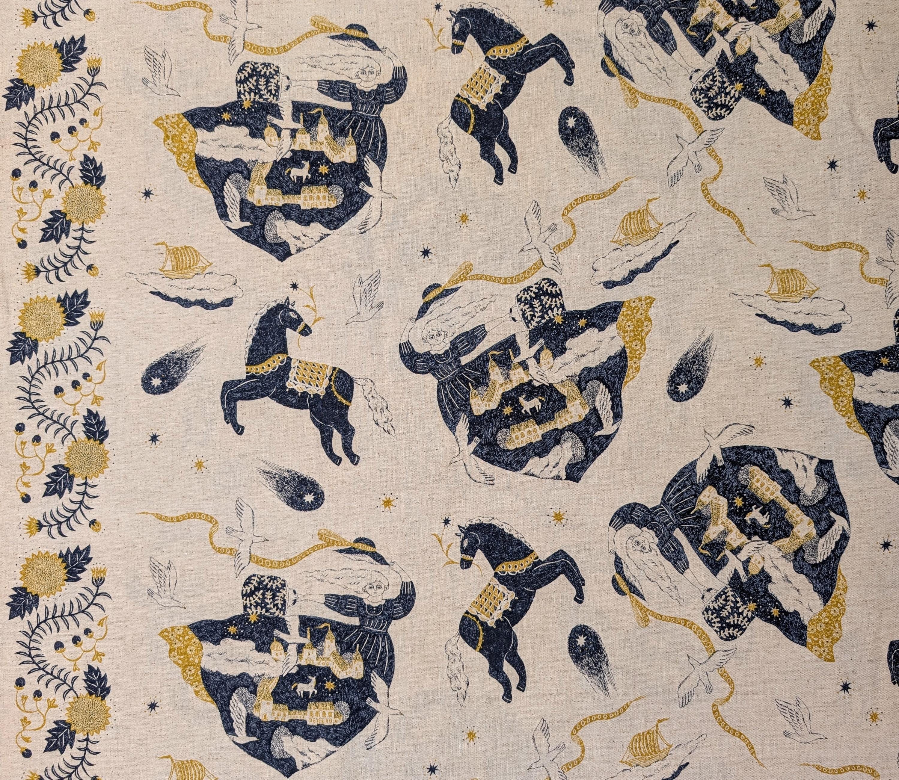 Kokka - Fantasy Vacation Border Print Cotton/Linen Fabric - Navy Yellow