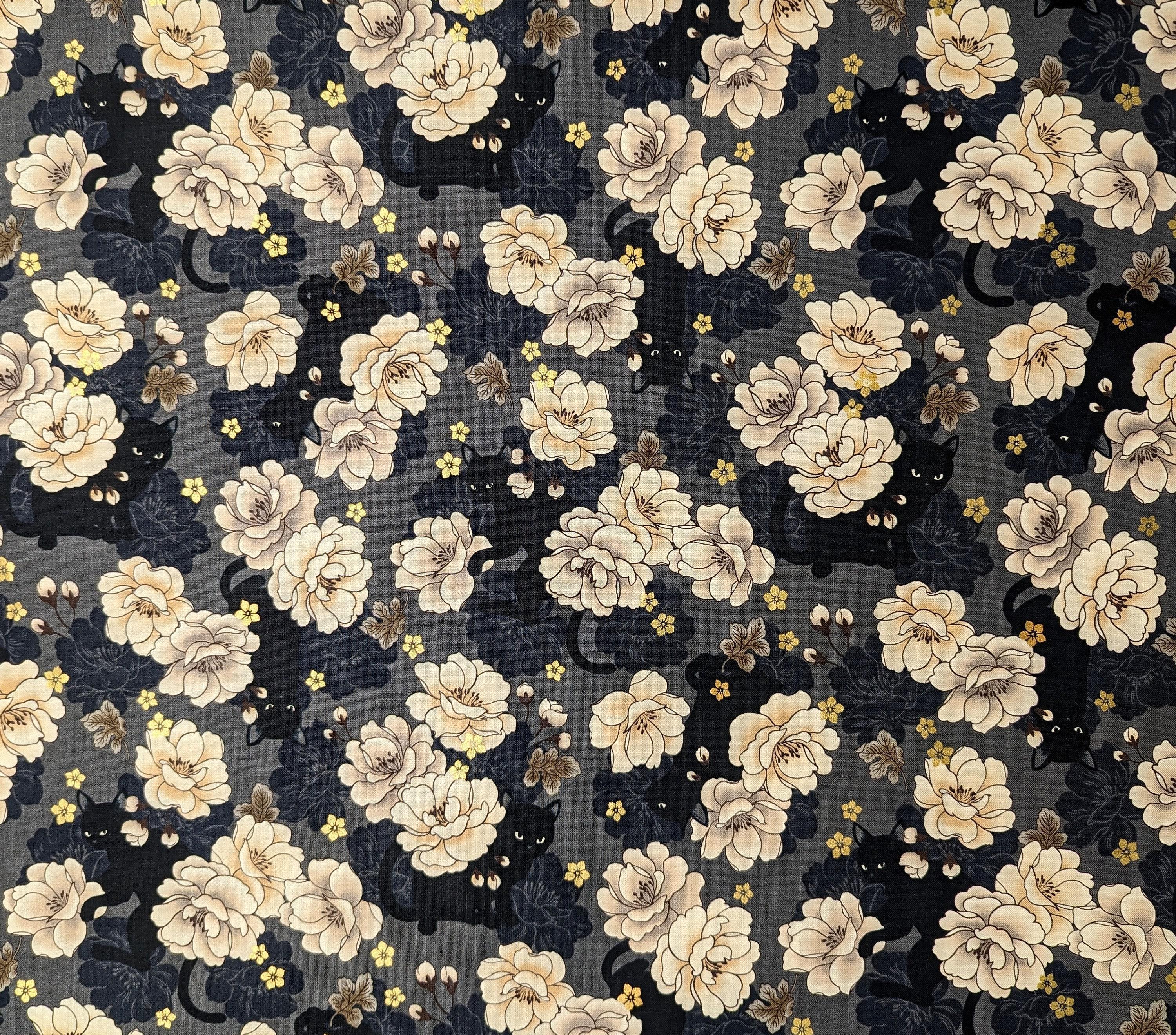 QuiltGate - Hyakka Ryoran Blossoming Cats Cotton Fabric - Gray