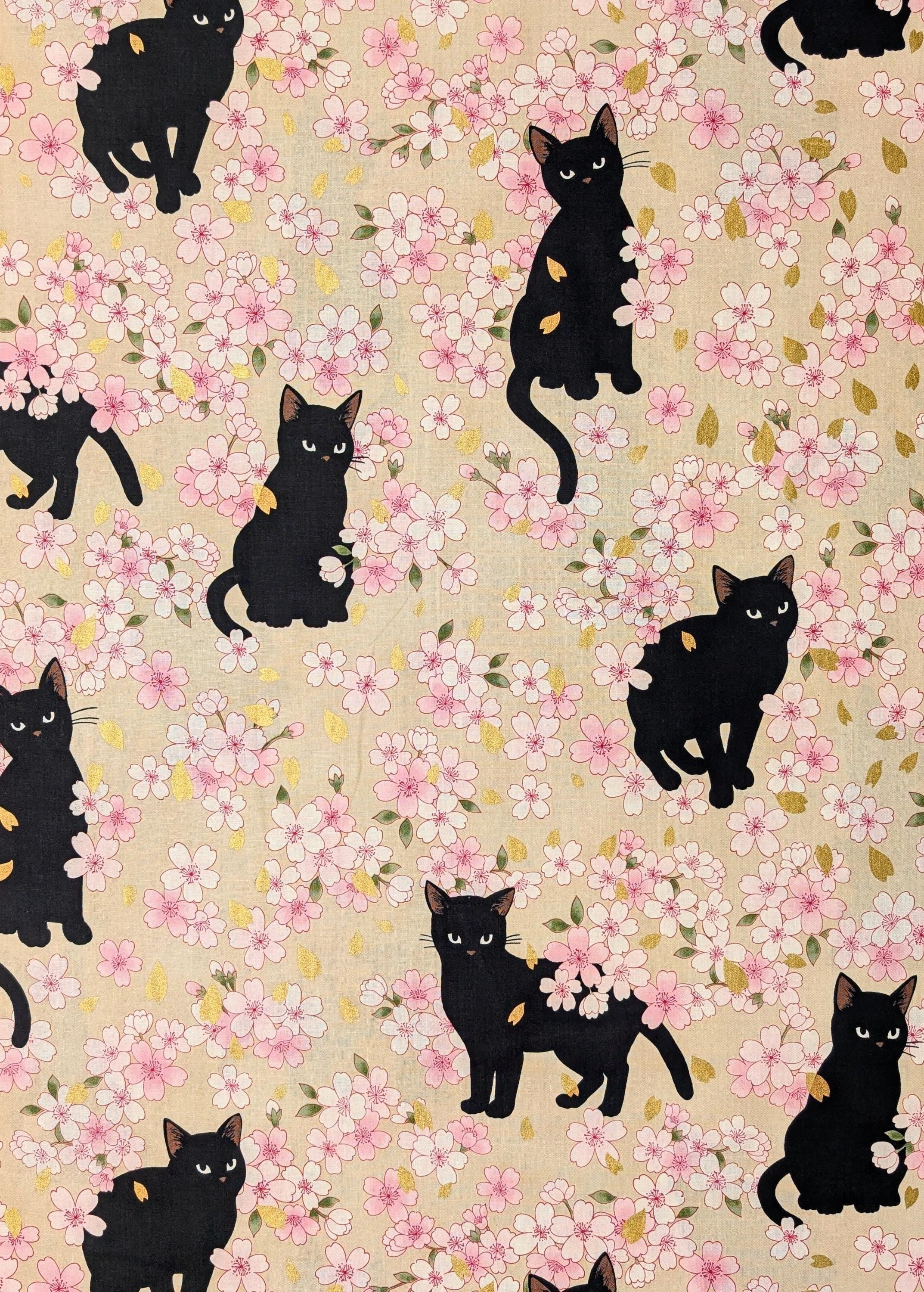 QuiltGate - Hyakka Ryoran Black Cats and Cherry Blossoms Cotton Fabric - Beige