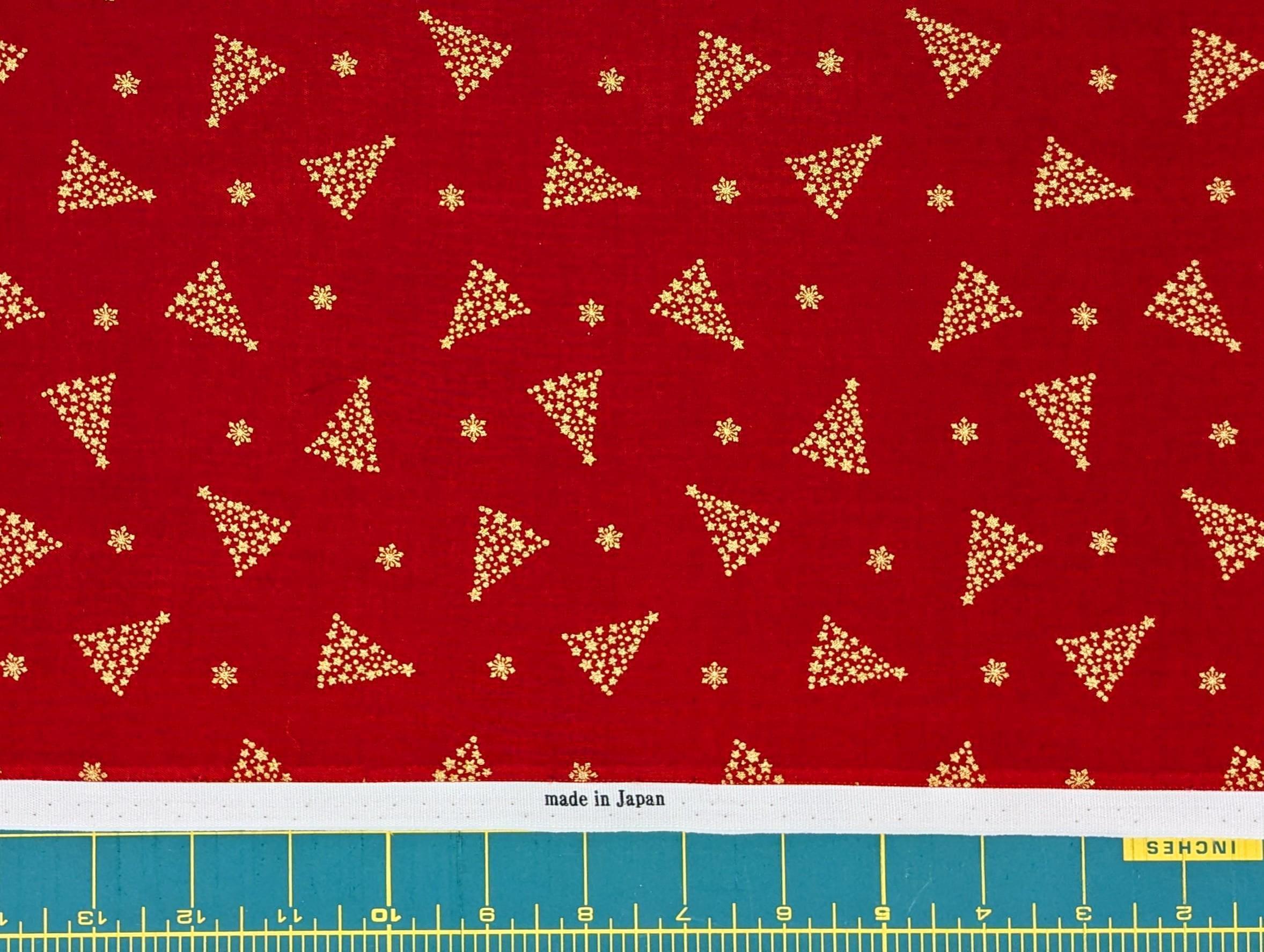 Hishiei - Golden Holiday Trees Cotton Fabric - Red