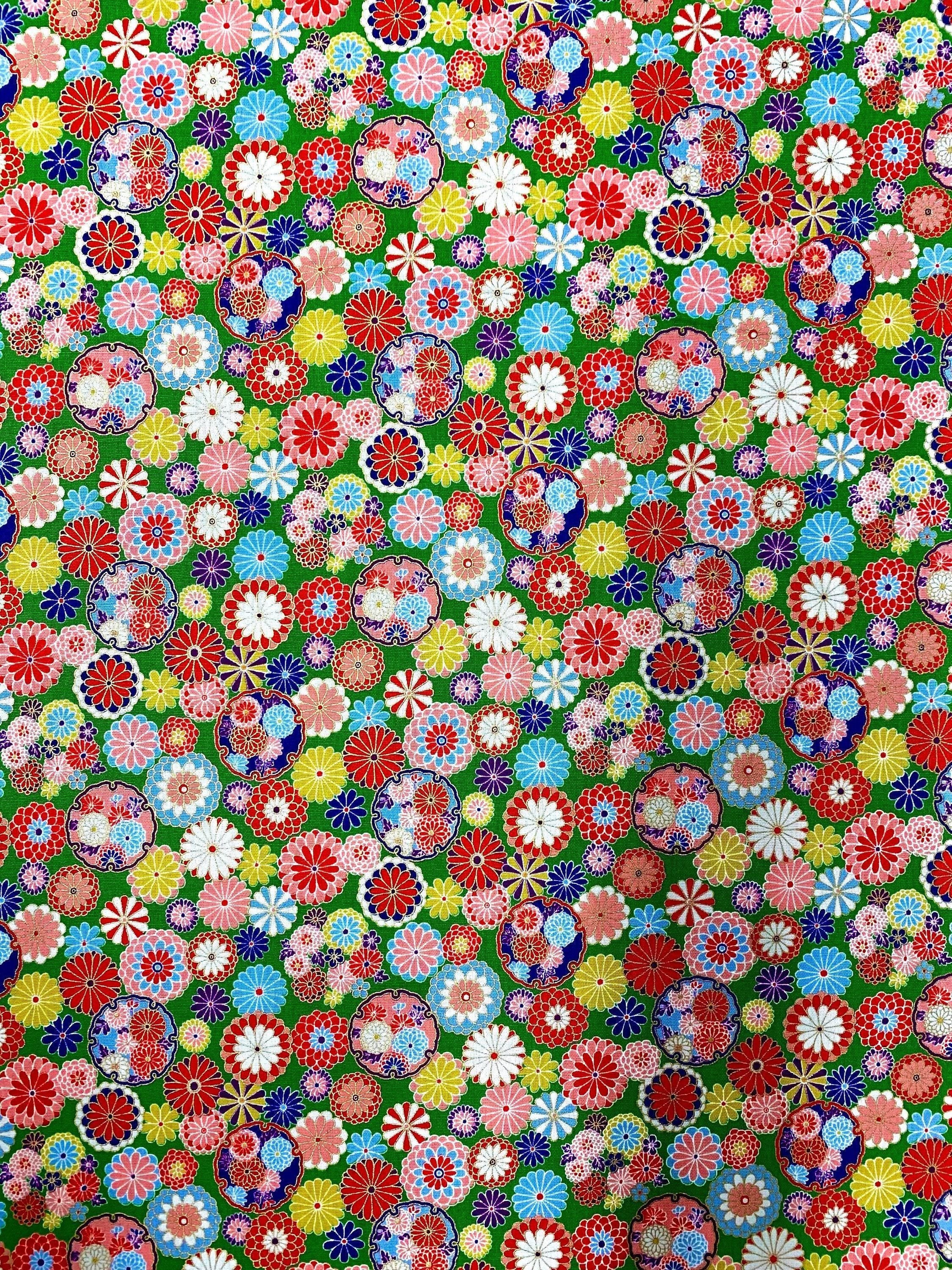 Senyo - Golden Flower Story Chrysanthemums Cotton Fabric - Green Red Blue