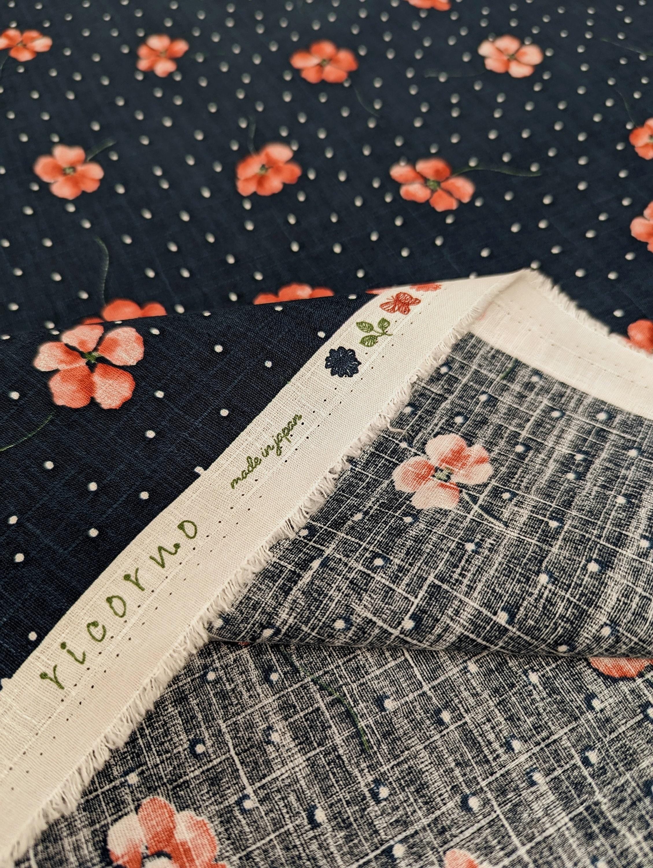 Koizumi - Polka Dotted Poppies Cotton Dobby - Navy