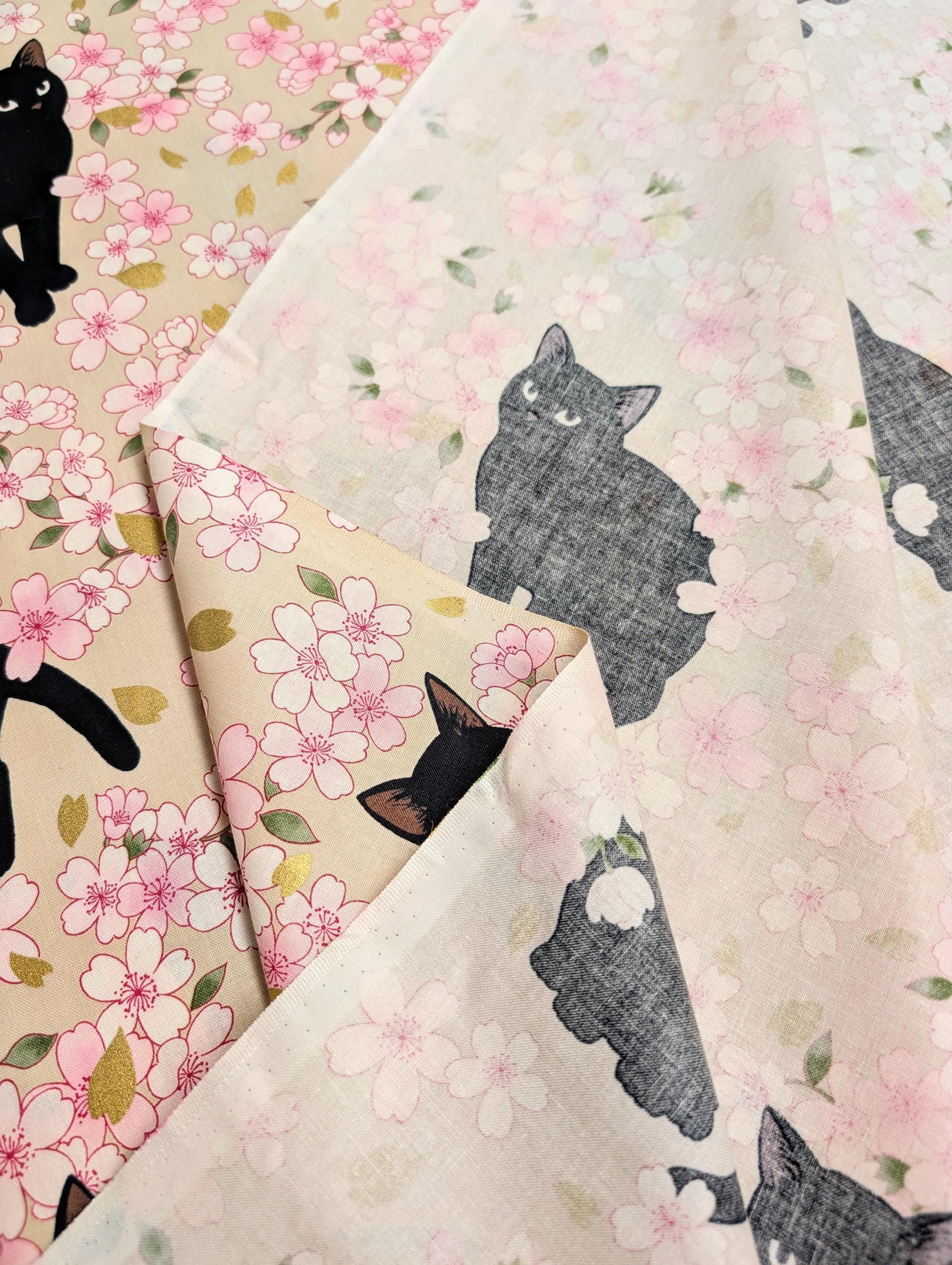 QuiltGate - Hyakka Ryoran Black Cats and Cherry Blossoms Cotton Fabric - Beige