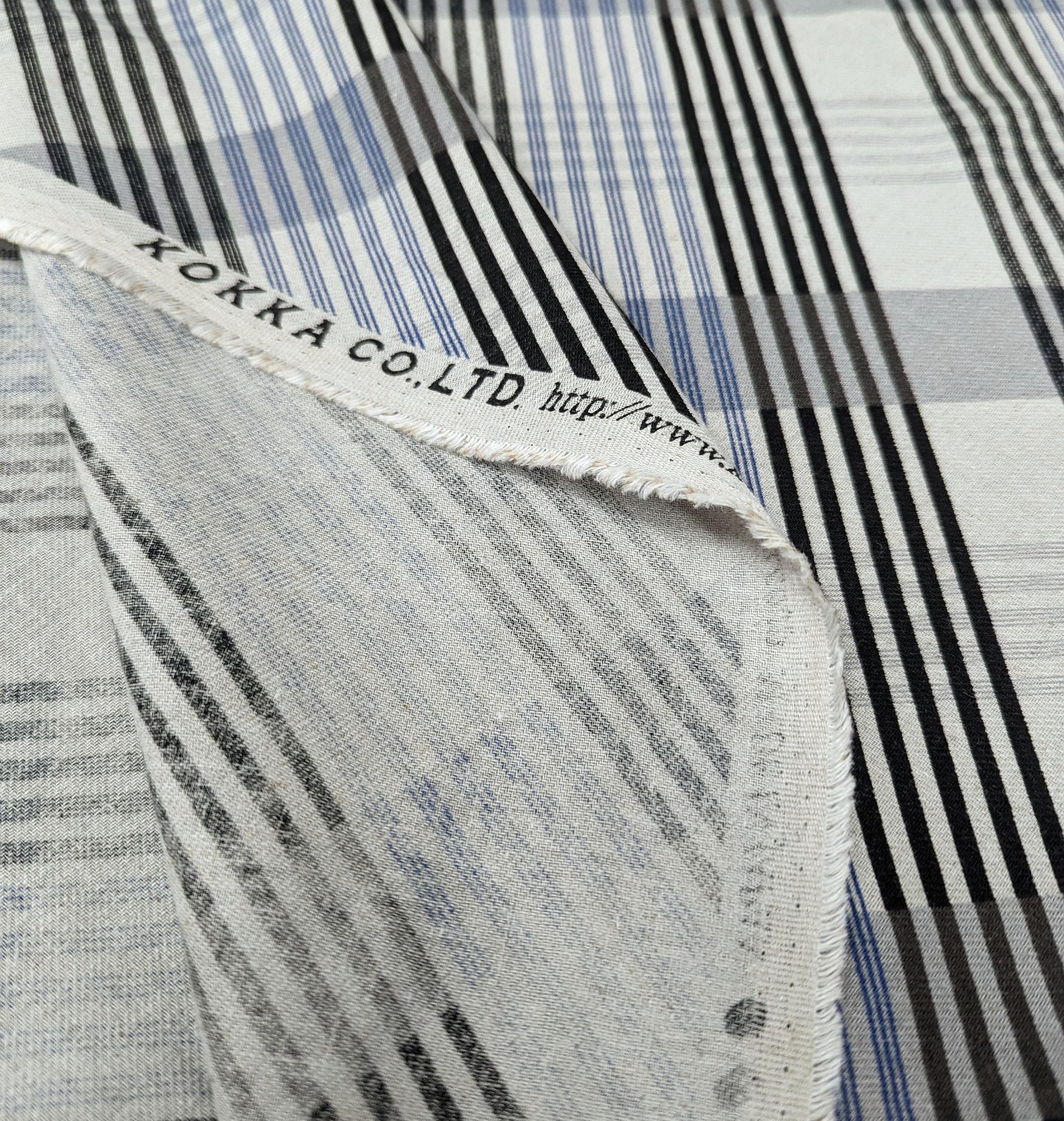 Kokka - Plaid Stripe Cotton/Linen Fabric - Blue
